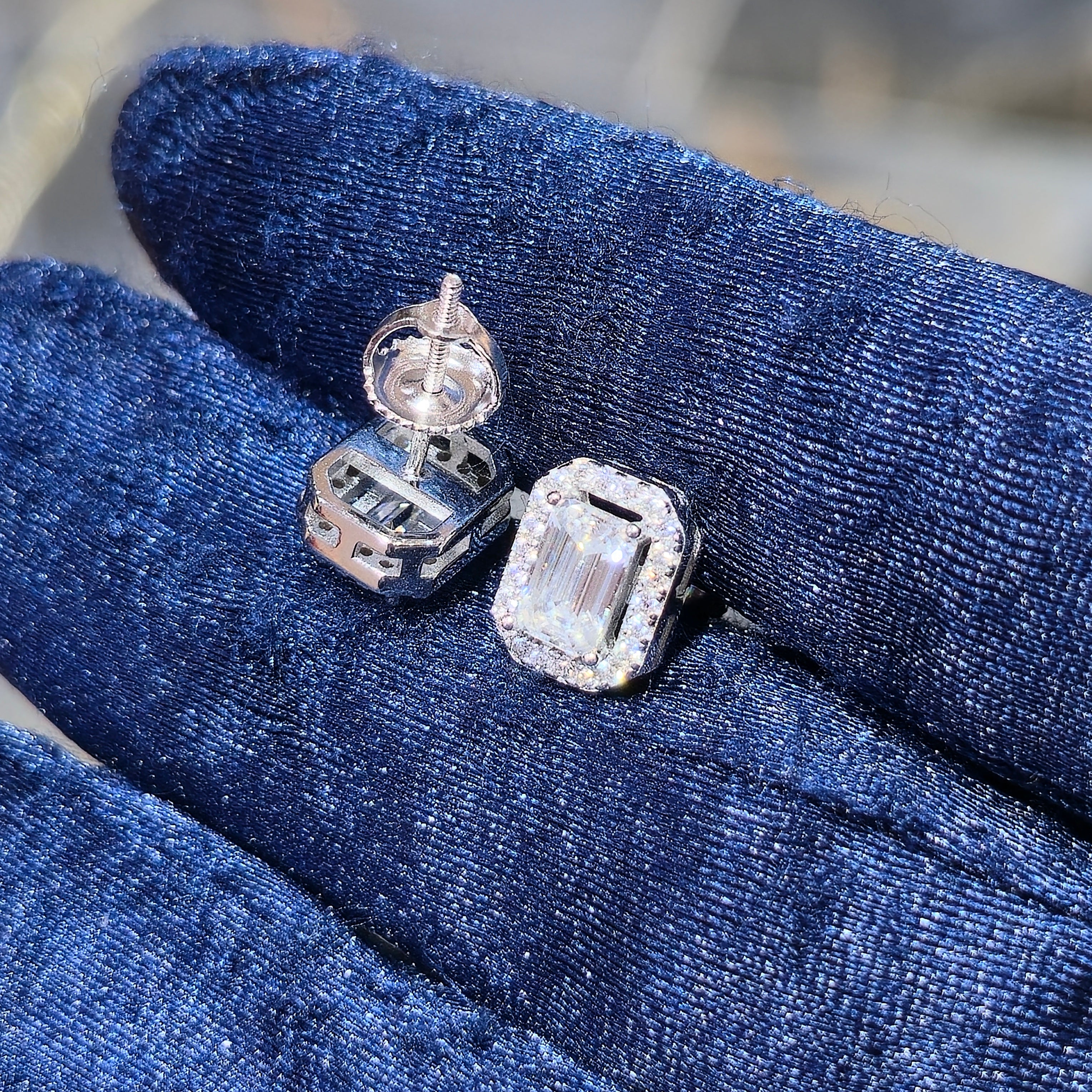 Sterling Silver Moissanite Emerald Cut Halo Stud Earrings