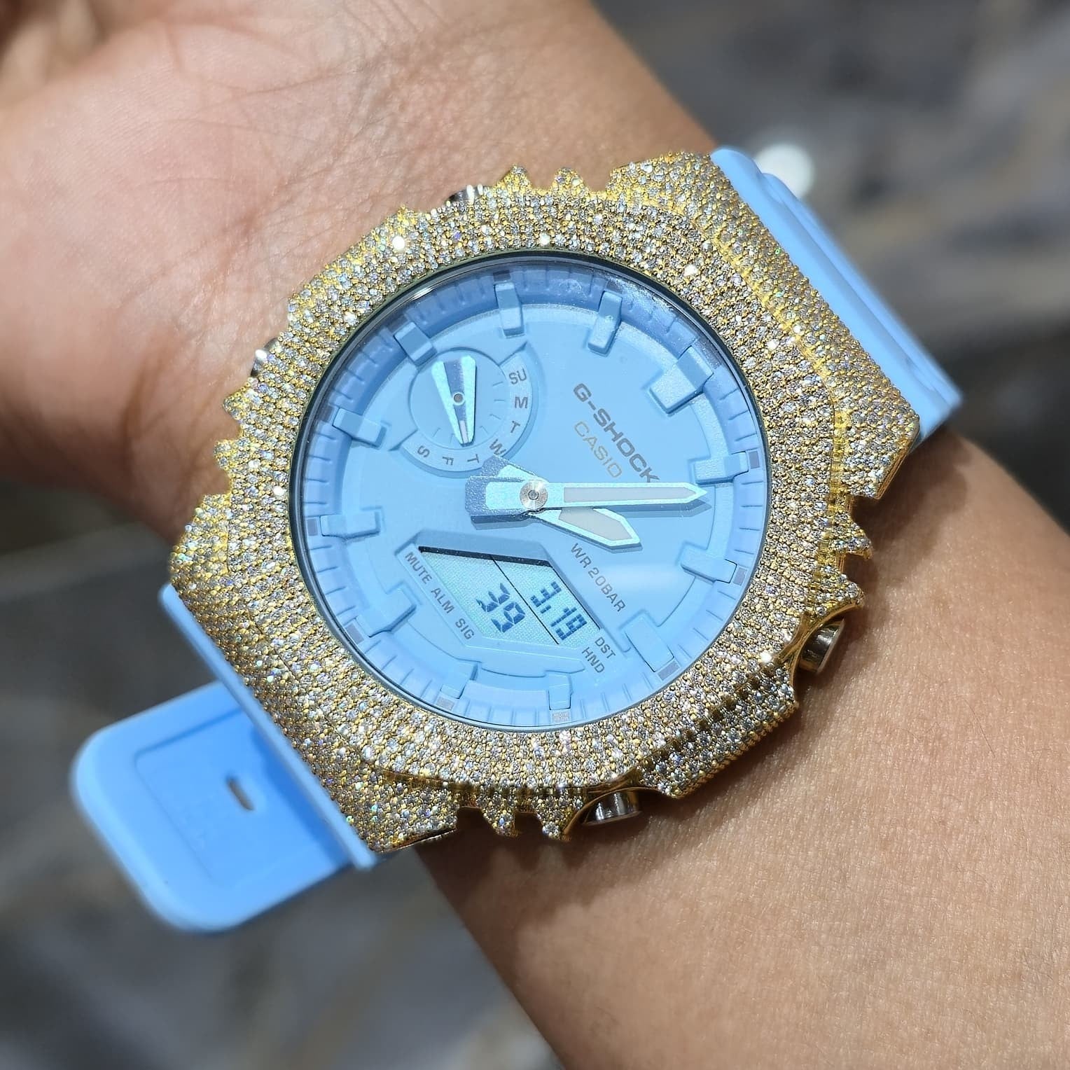 Authentic Casio G-SHOCK GA2100 Custom Iced Out Watch – Yellow Bezel | Blue Band