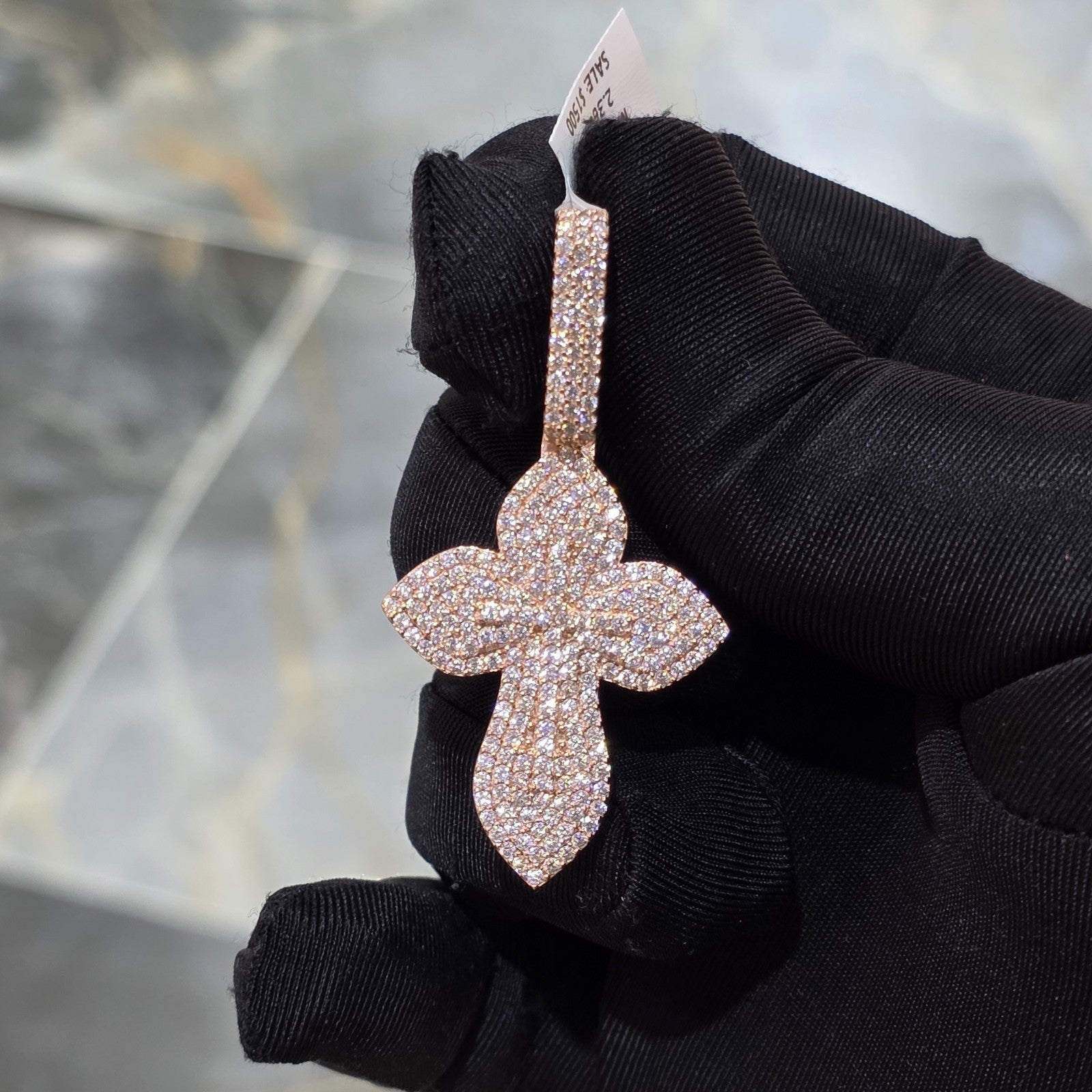 Moissanite Flower Cross Pendant .925 Silver 14k Rose Yellow White Gold Finish