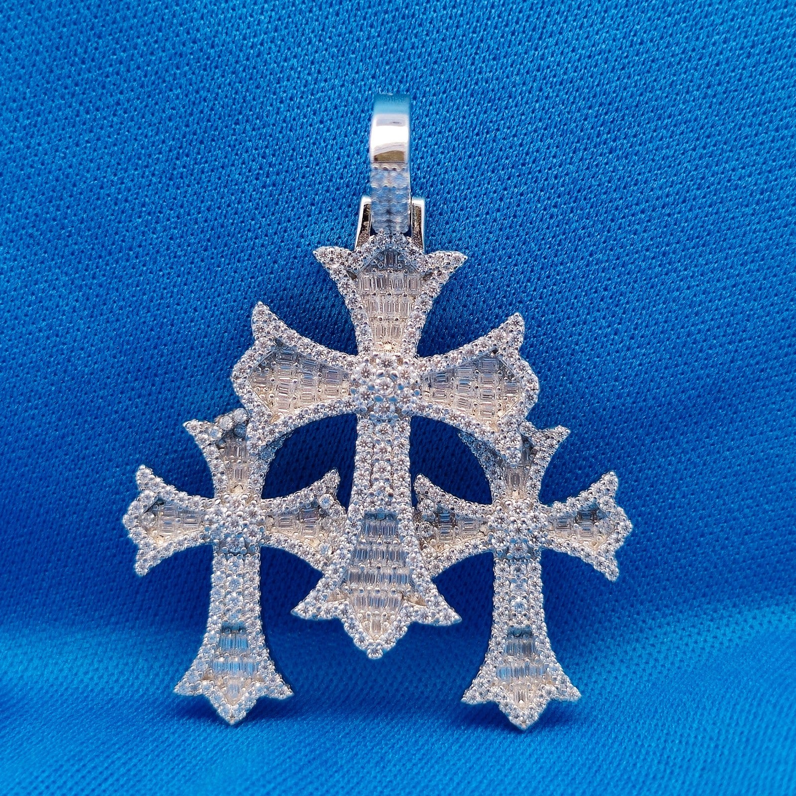 Iced Out Triple Cross Pendant 925 Sterling Silver Moissanite Baguette Hip Hop.