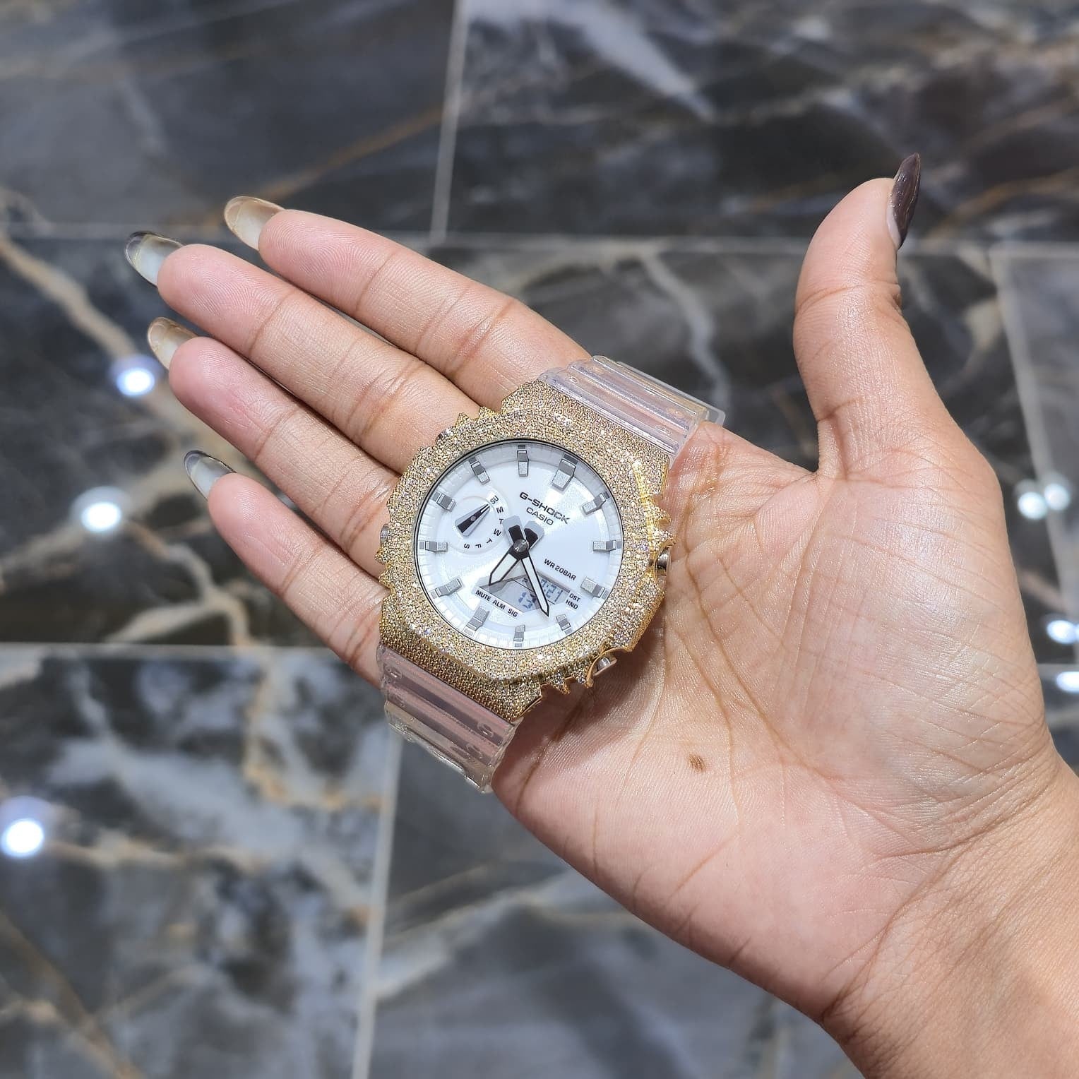 Authentic Casio G-SHOCK GA2100 Custom Iced Out – Yellow | White Dial |ClearBand