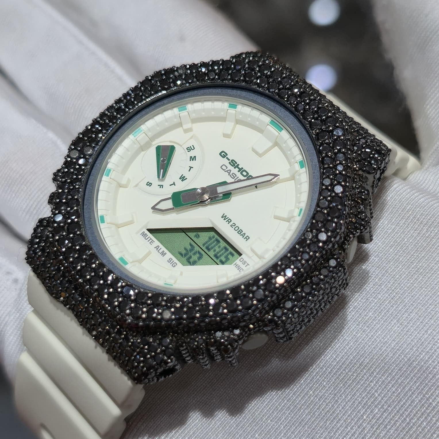 BLACK MOISSANITE Iced Out G-SHOCK GA2100 “Casioak” – Off-White Dial | Cream Band