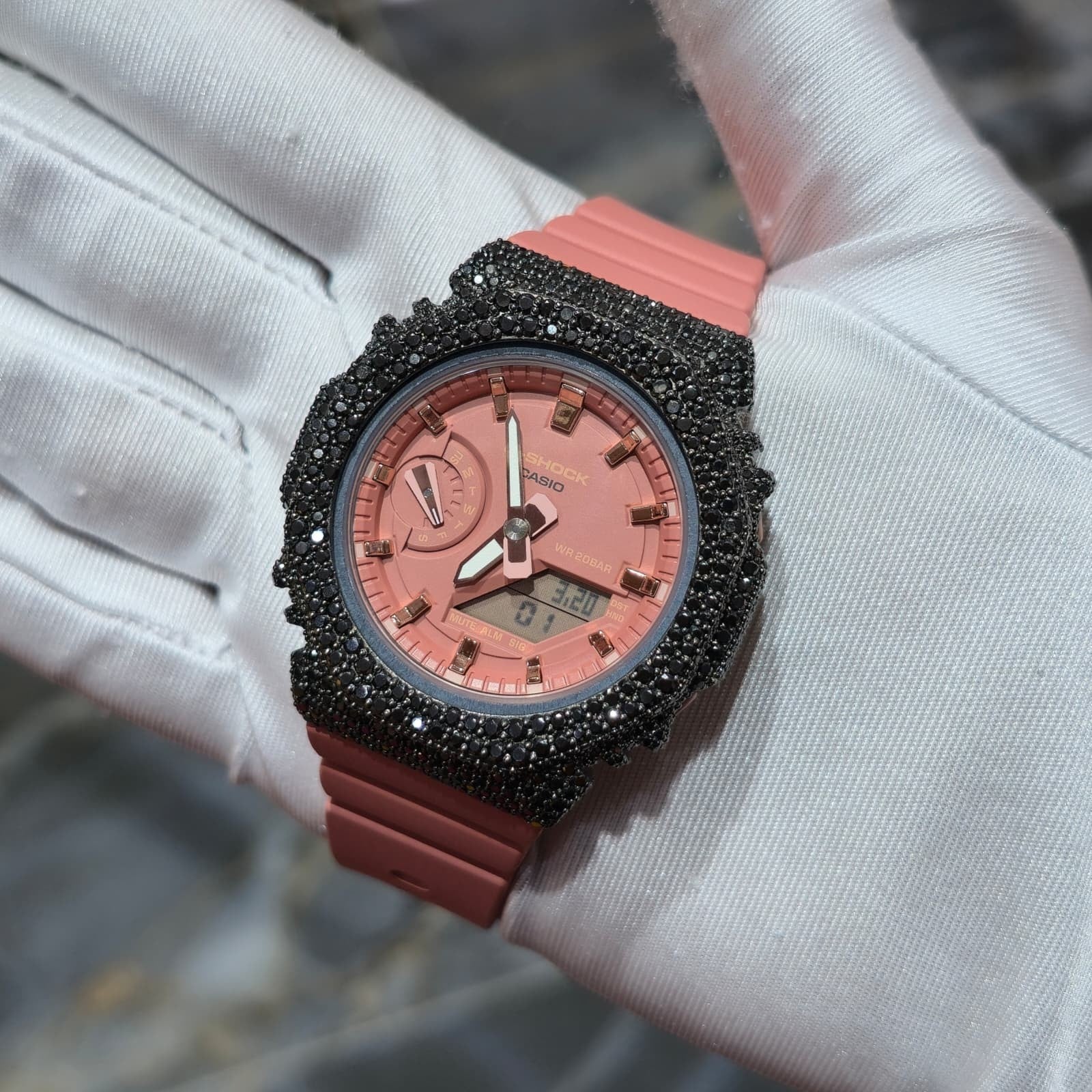 BLACK MOISSANITE Iced Out G-SHOCK GA2100 “Casioak” – PINK Dial | Pink Band