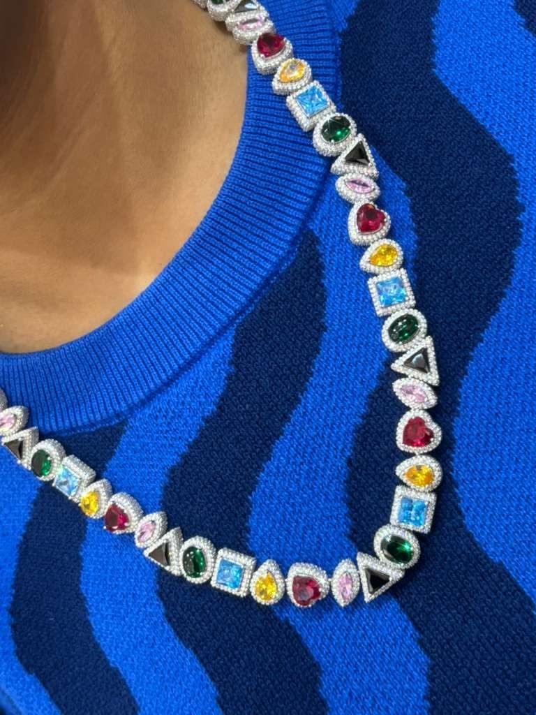 28.7Ct Round Cut VVS Moissanite Multicolor Halo Tennis  Silver 925 22"