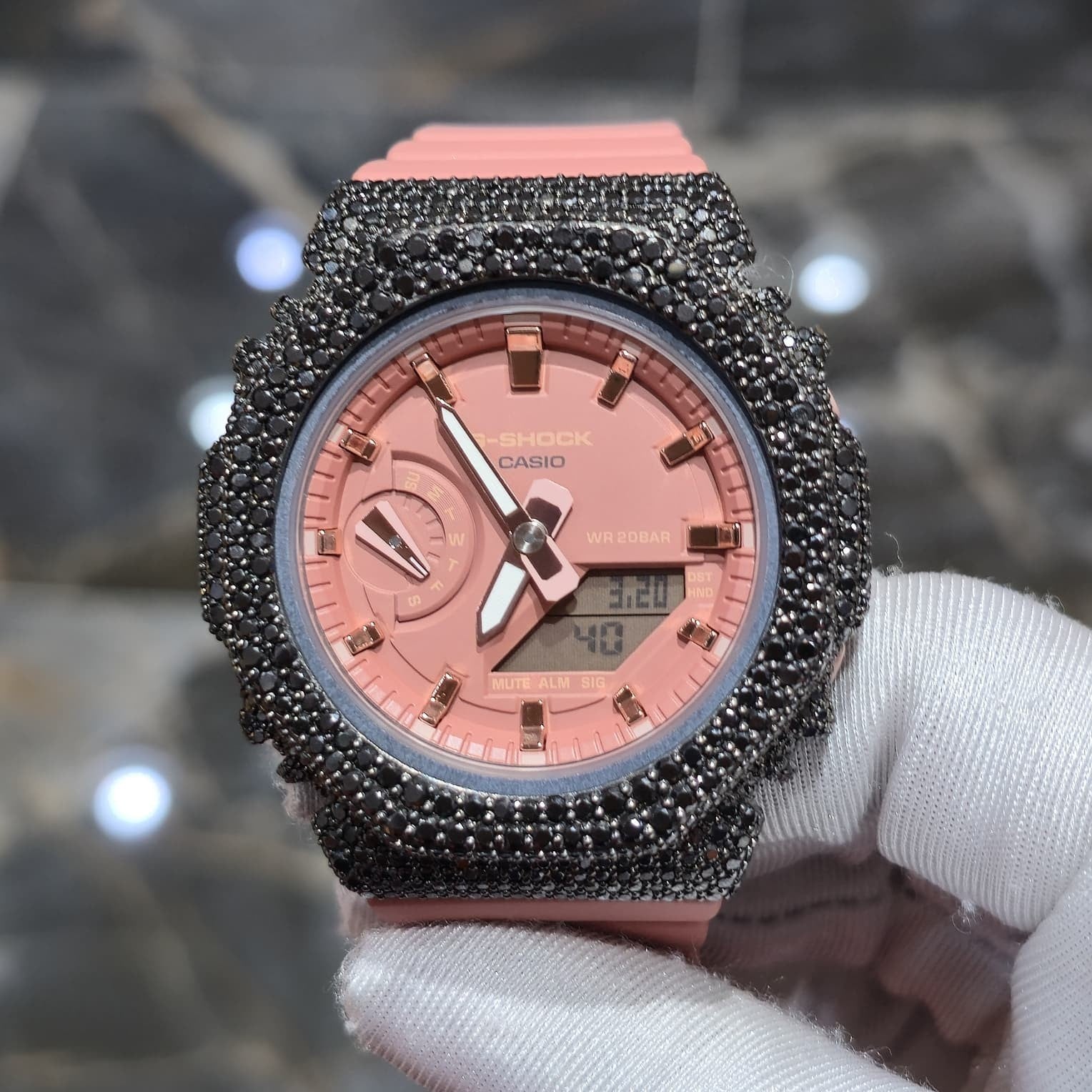 BLACK MOISSANITE Iced Out G-SHOCK GA2100 “Casioak” – PINK Dial | Pink Band