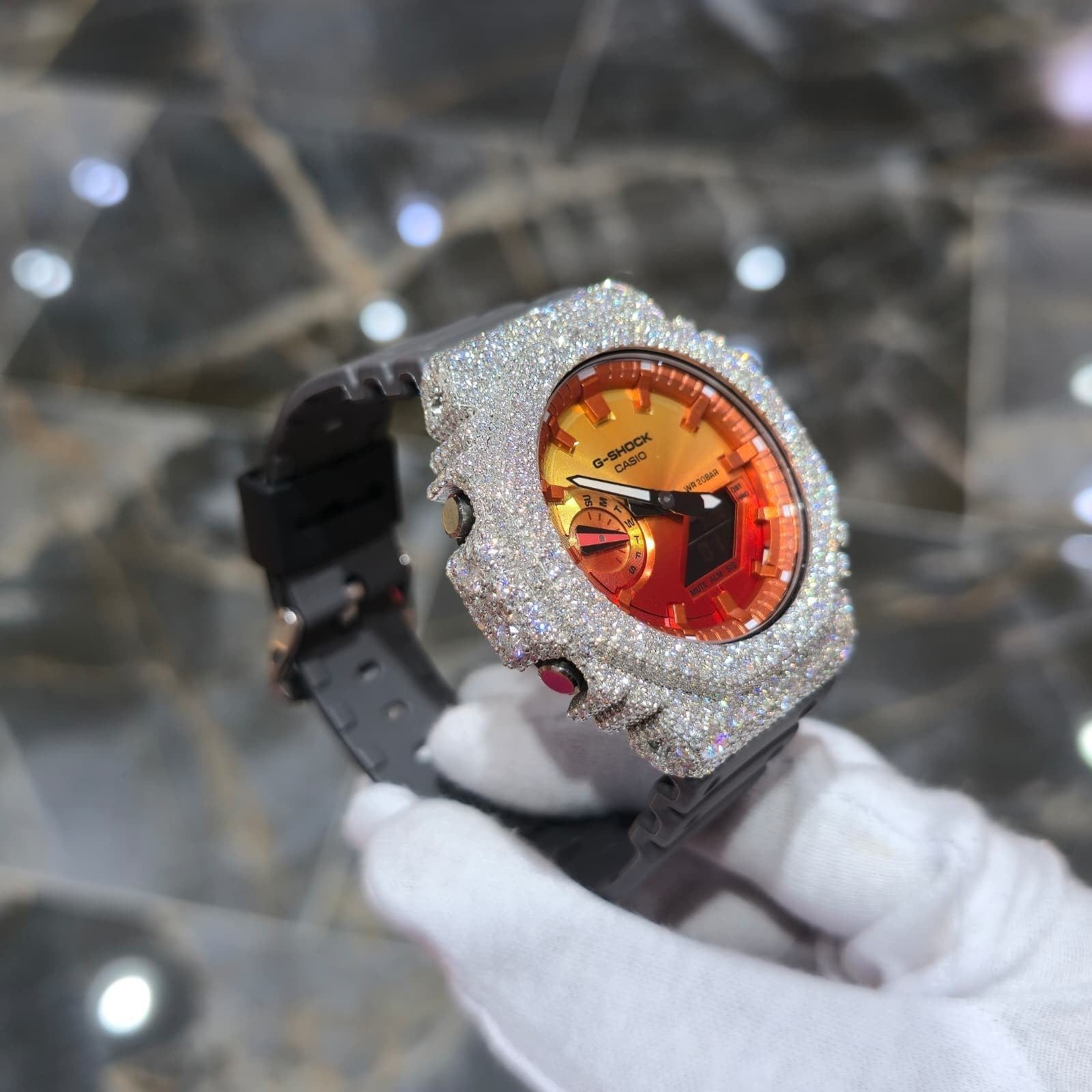 Authentic Casio G-SHOCK Custom Silver Iced Out Watch Orange Dial  | Gray Band