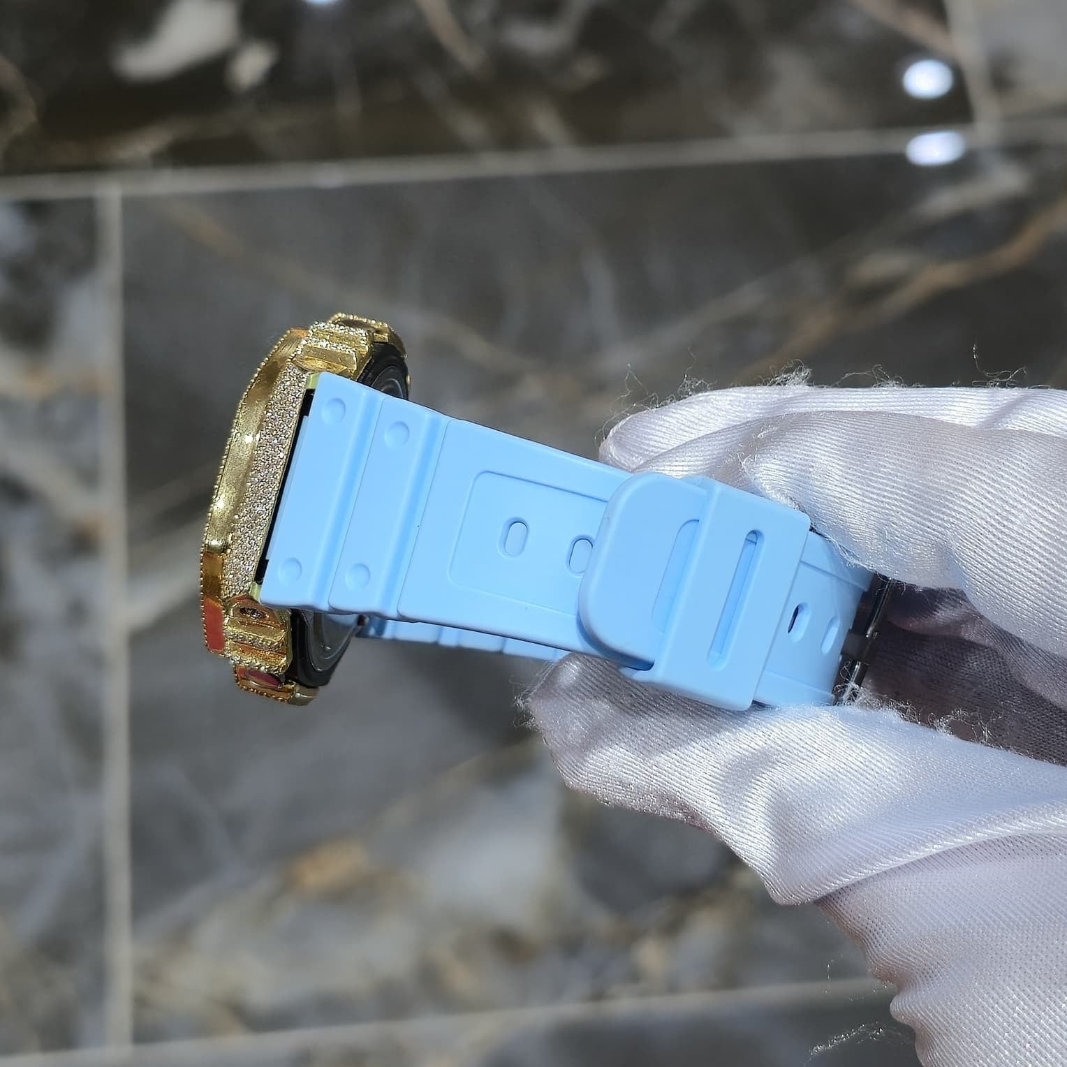 Authentic Casio G-SHOCK GA2100 Custom Iced Out Watch – Yellow Bezel | Blue Band