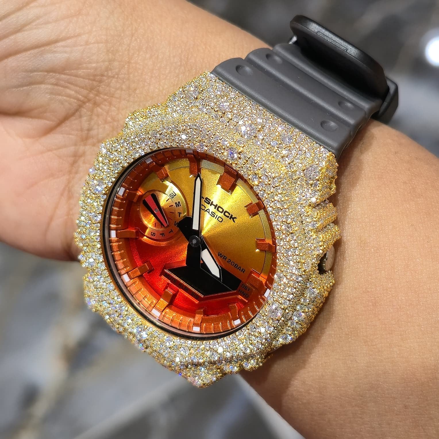 Authentic Casio G-SHOCK Custom Yellow Iced Out Watch Orange Dial  | Gray Band