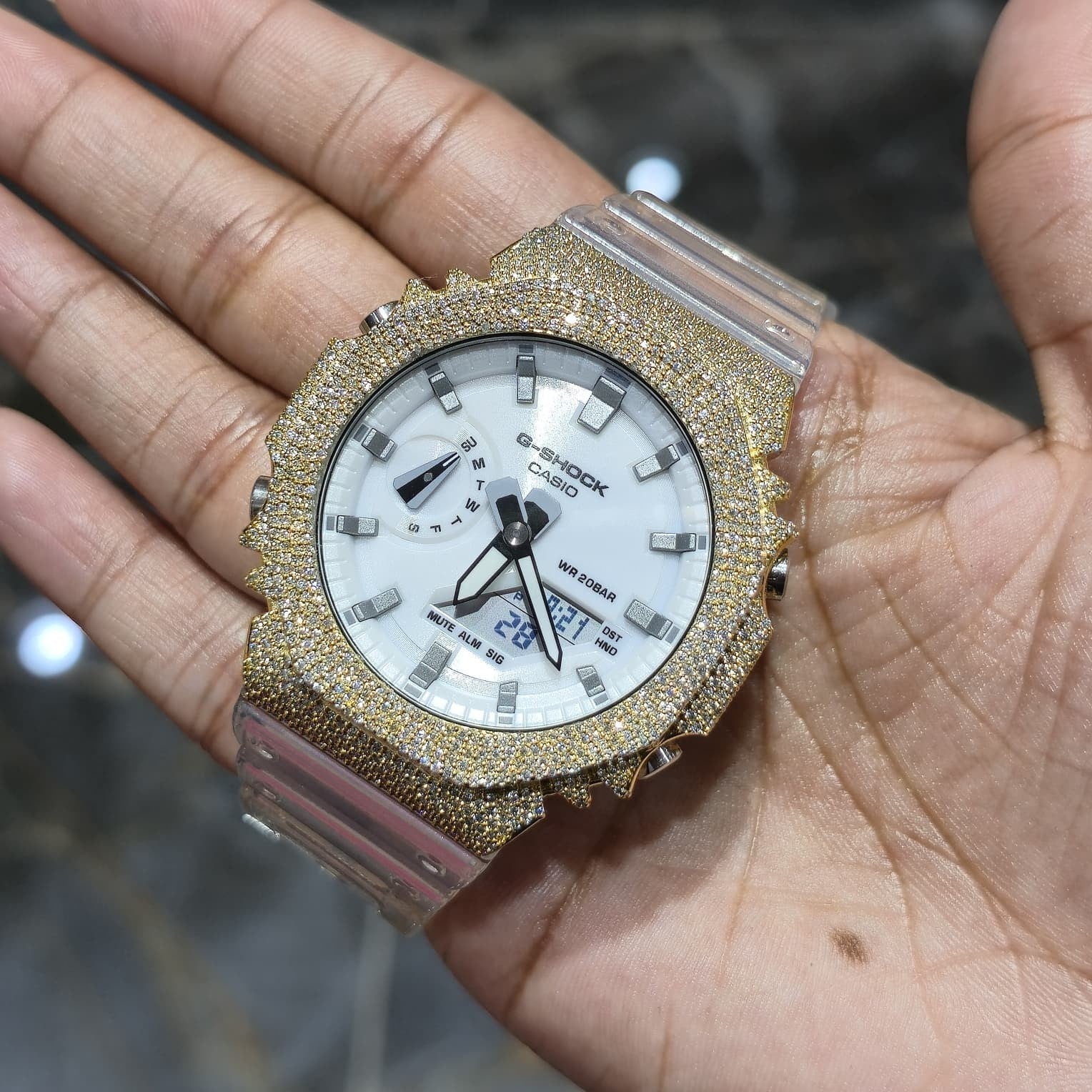 Authentic Casio G-SHOCK GA2100 Custom Iced Out – Yellow | White Dial |ClearBand