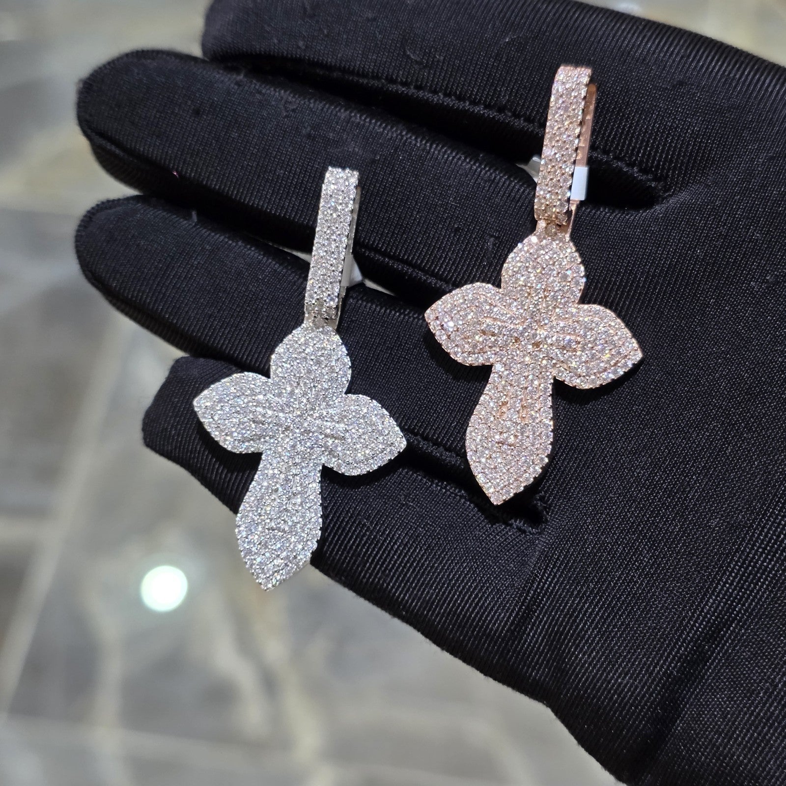 Moissanite Flower Cross Pendant .925 Silver 14k Rose Yellow White Gold Finish
