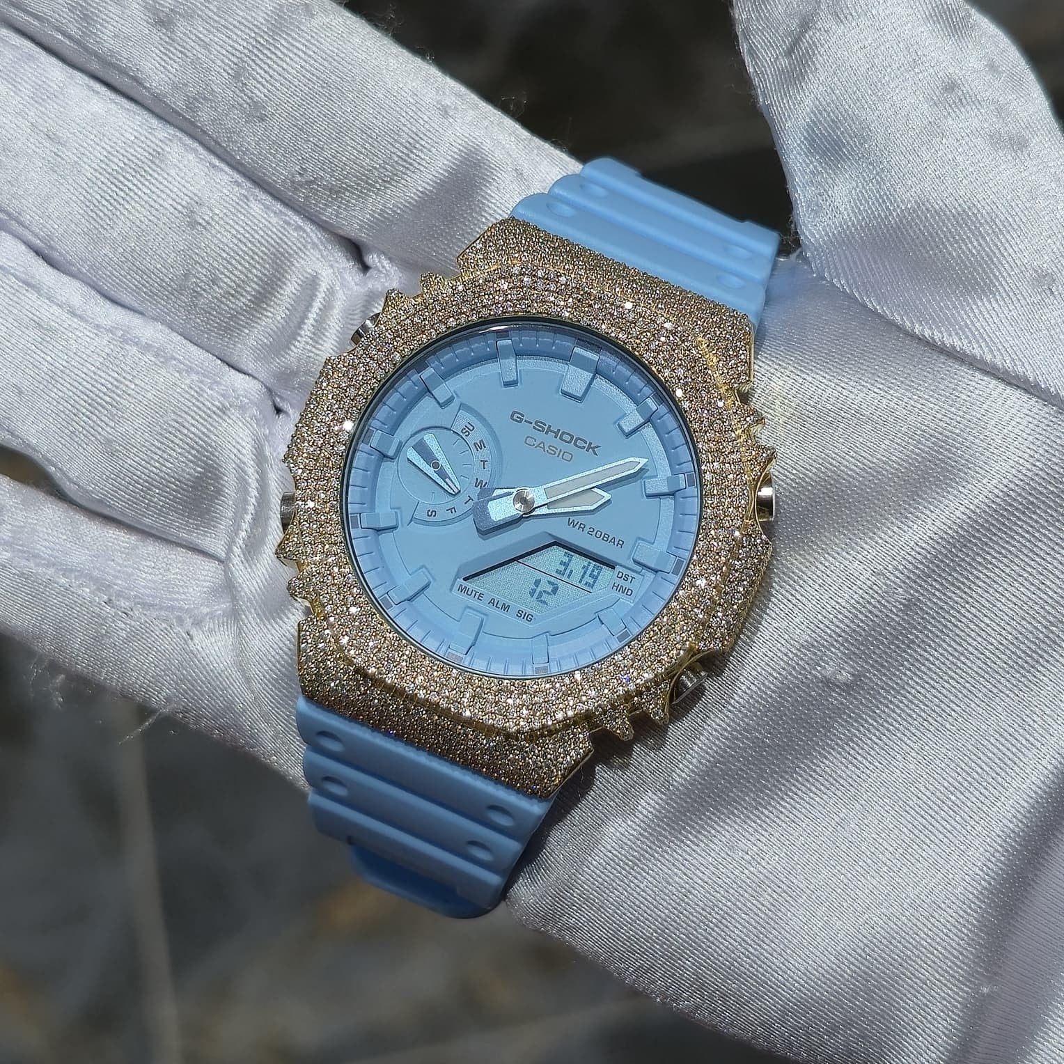 Authentic Casio G-SHOCK GA2100 Custom Iced Out Watch – Yellow Bezel | Blue Band