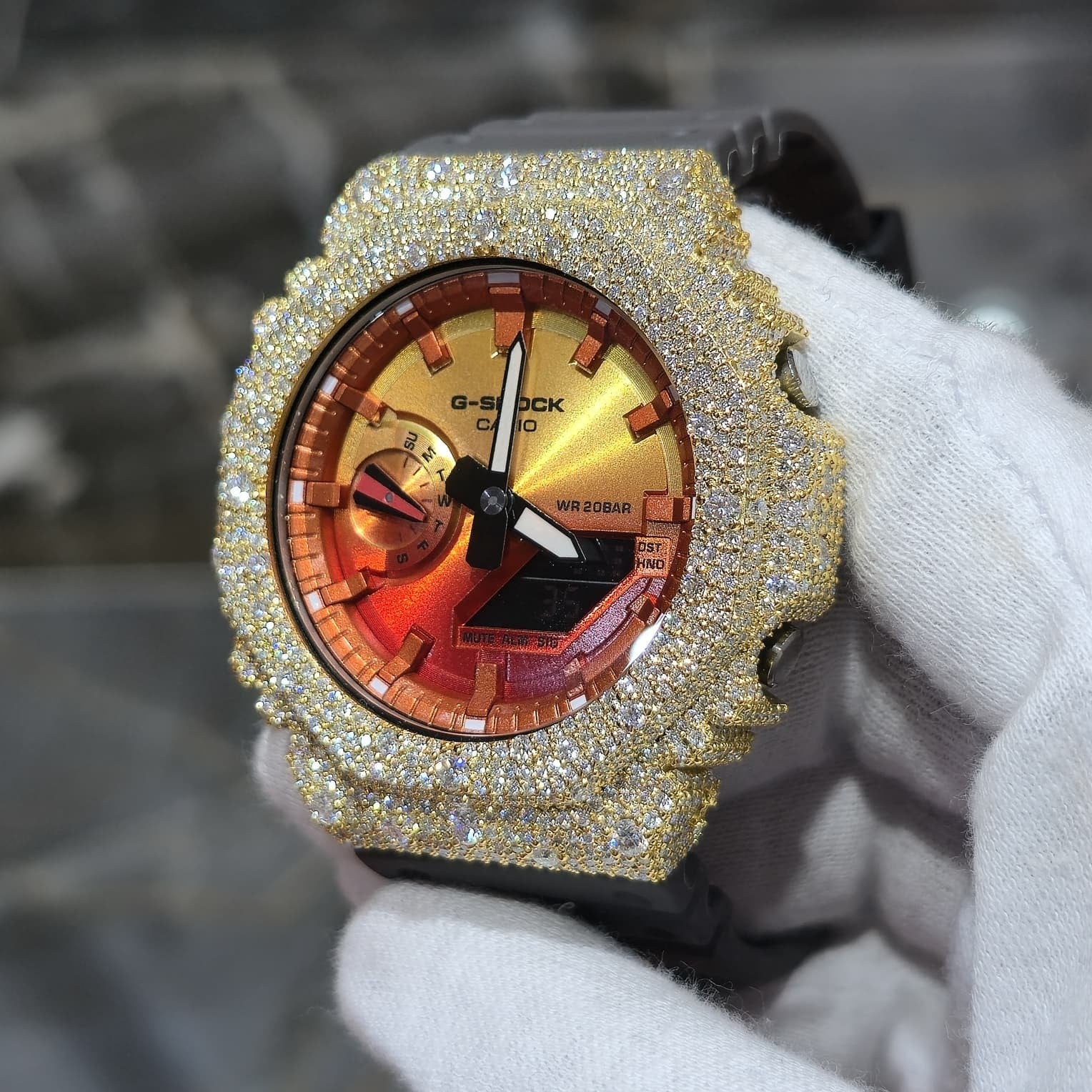 Authentic Casio G-SHOCK Custom Yellow Iced Out Watch Orange Dial  | Gray Band