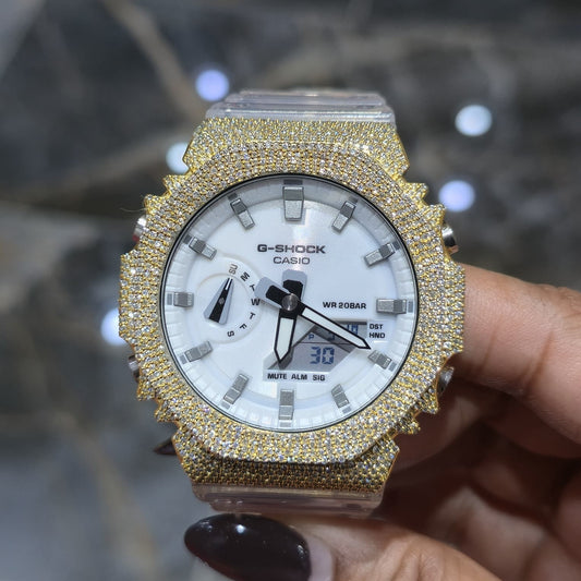 Authentic Casio G-SHOCK GA2100 Custom Iced Out – Yellow | White Dial |ClearBand