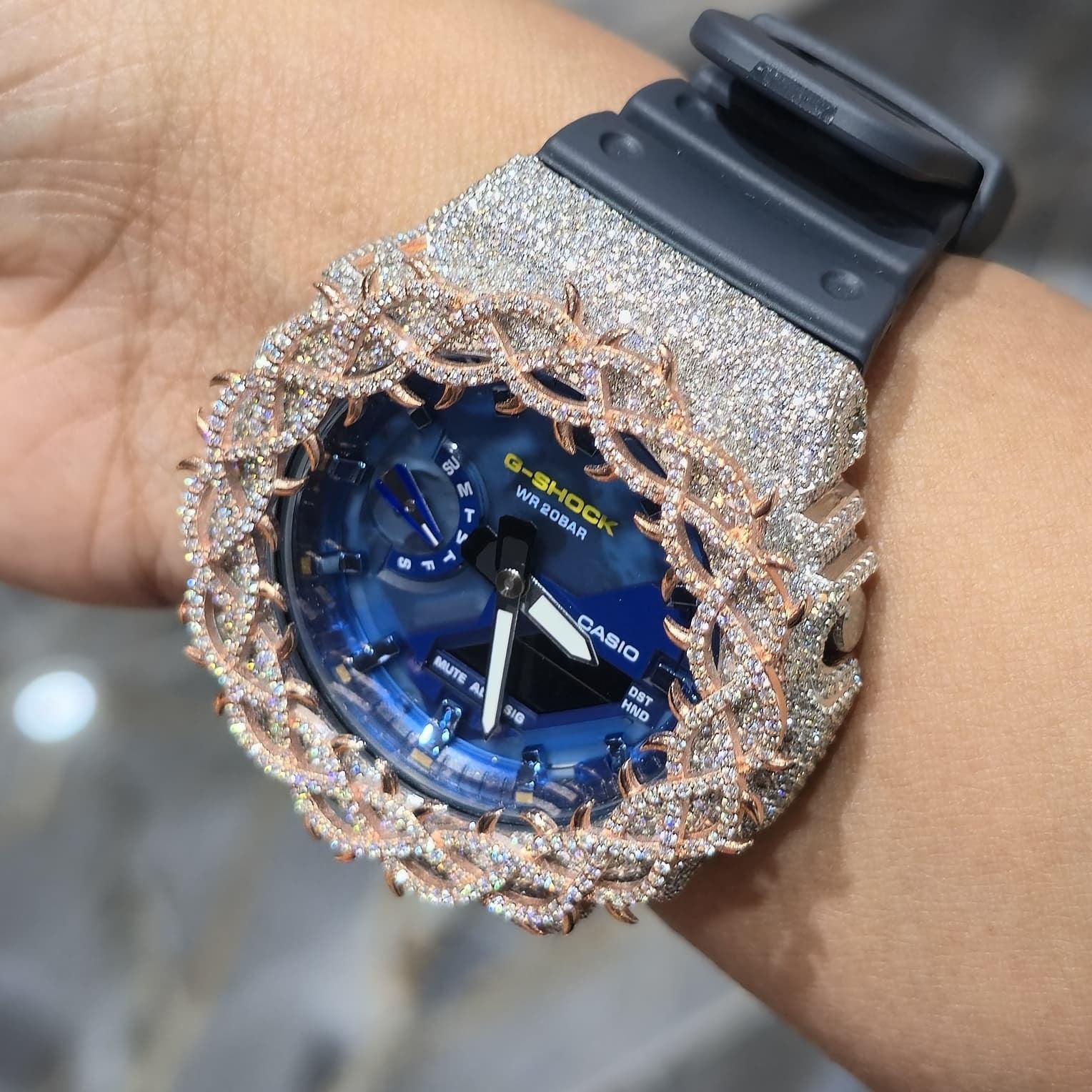 Iced Out G-Shock  Watch Authentic VVS Moissanite Barbed Wire Two Tone | BlueFace