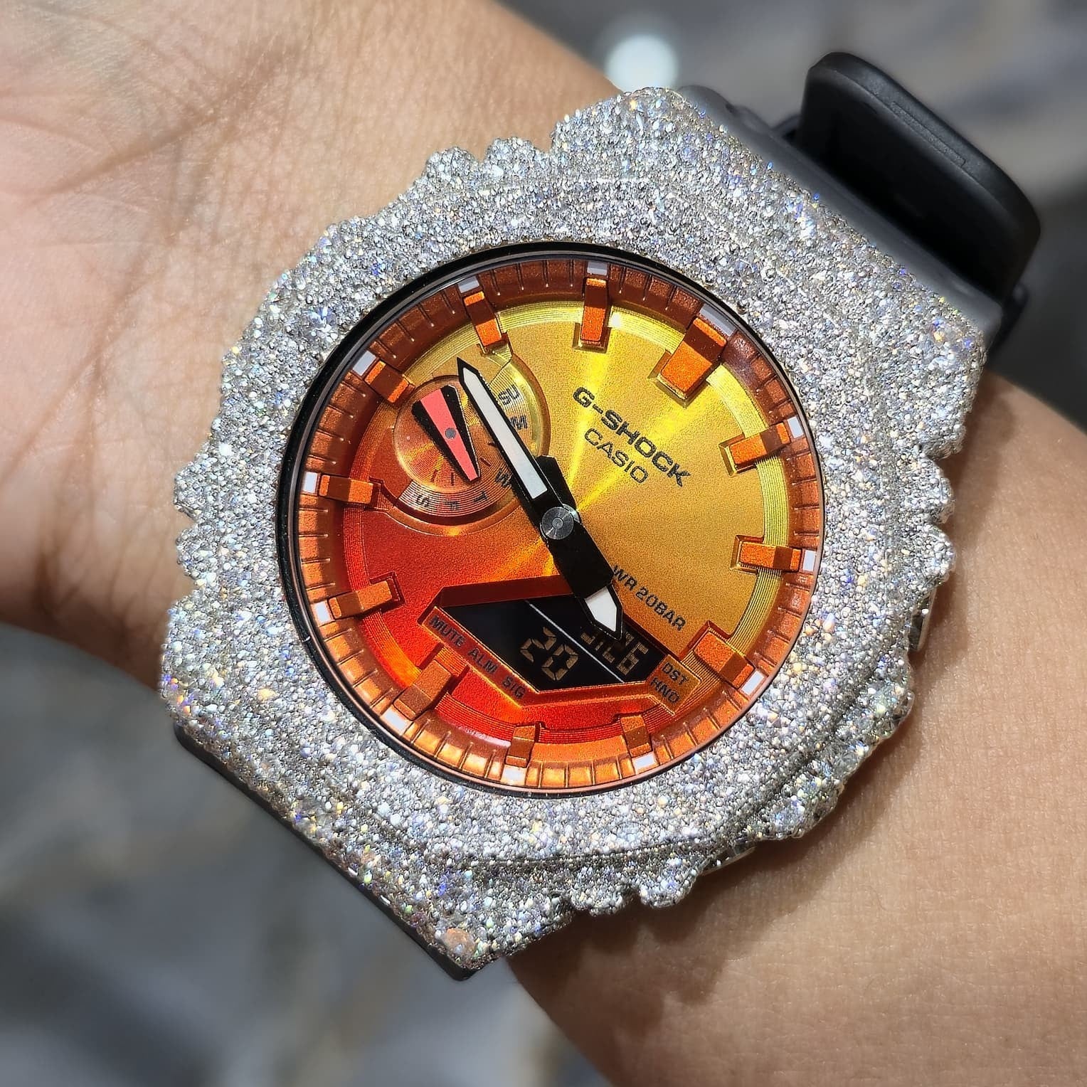 Authentic Casio G-SHOCK Custom Silver Iced Out Watch Orange Dial  | Gray Band