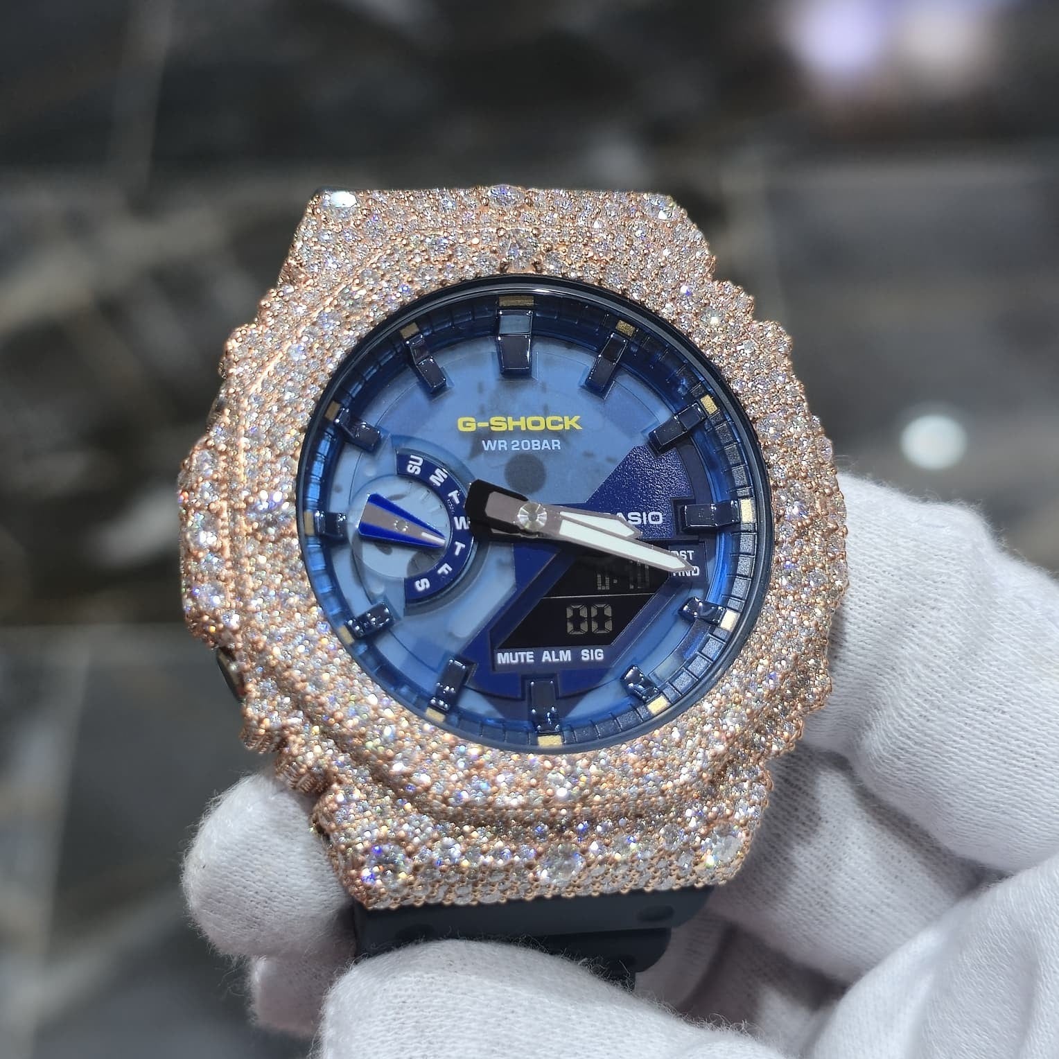 Authentic Casio G-SHOCK Custom Rose IcedOut Watch Blue Dial  | Dark Blue Band