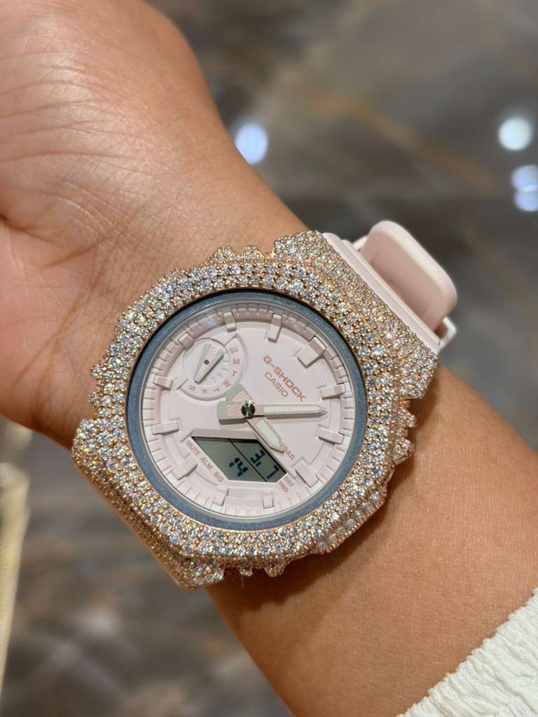 Authentic Casio G-SHOCK GA2100 Custom Iced Out Watch –Rose Tone | Baby Pink Band