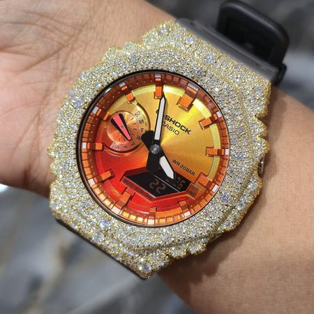 Authentic Casio G-SHOCK Custom Yellow Iced Out Watch Orange Dial  | Gray Band