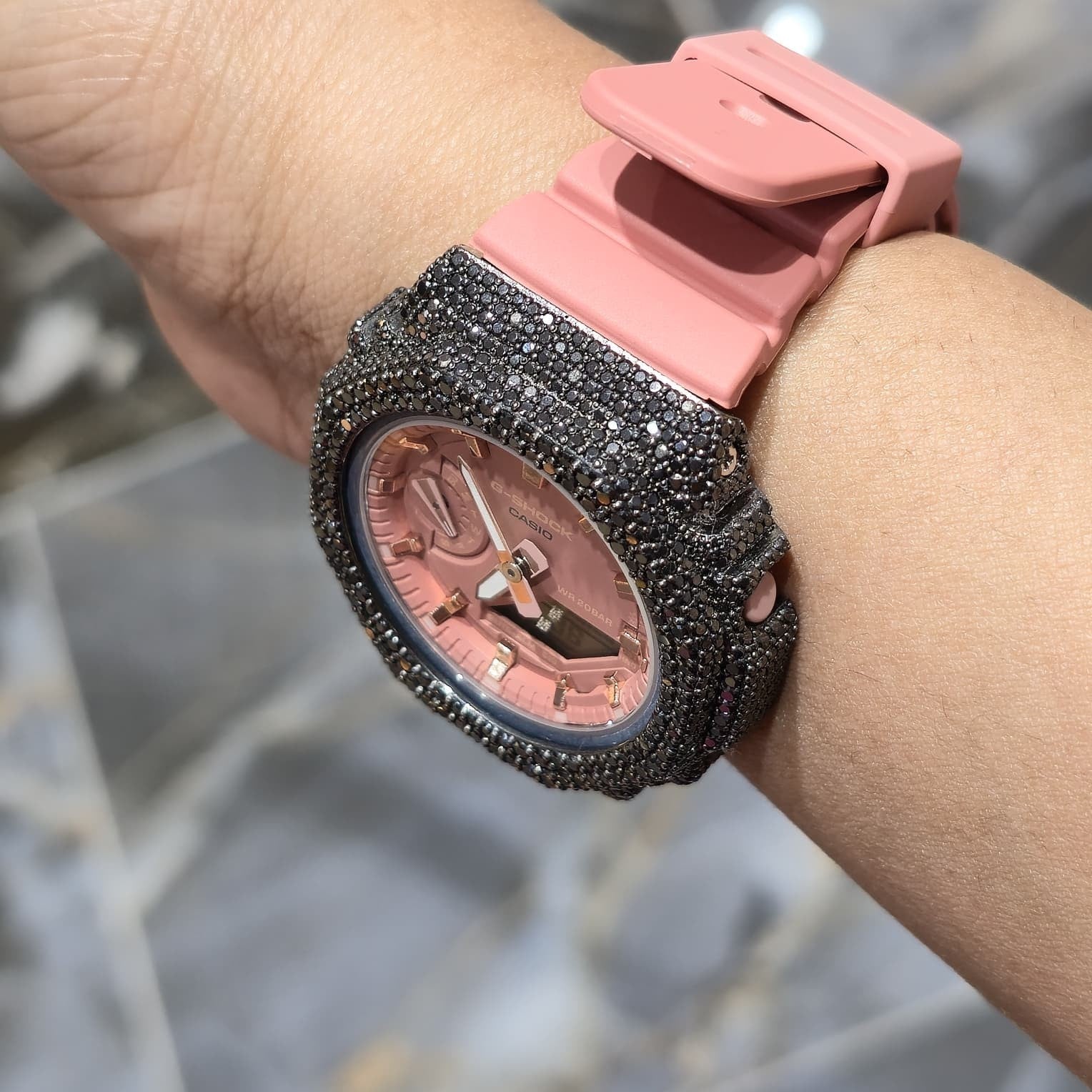 BLACK MOISSANITE Iced Out G-SHOCK GA2100 “Casioak” – PINK Dial | Pink Band