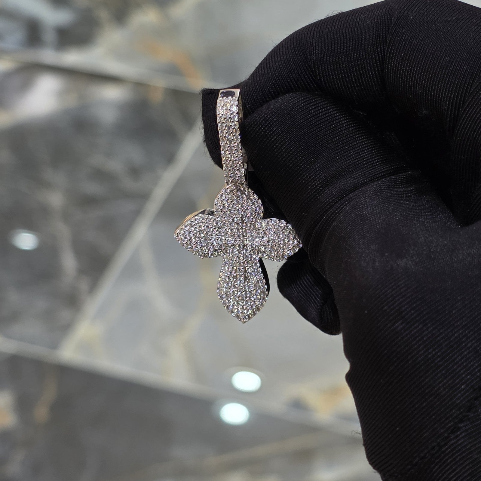 Moissanite Flower Cross Pendant .925 Silver 14k Rose Yellow White Gold Finish