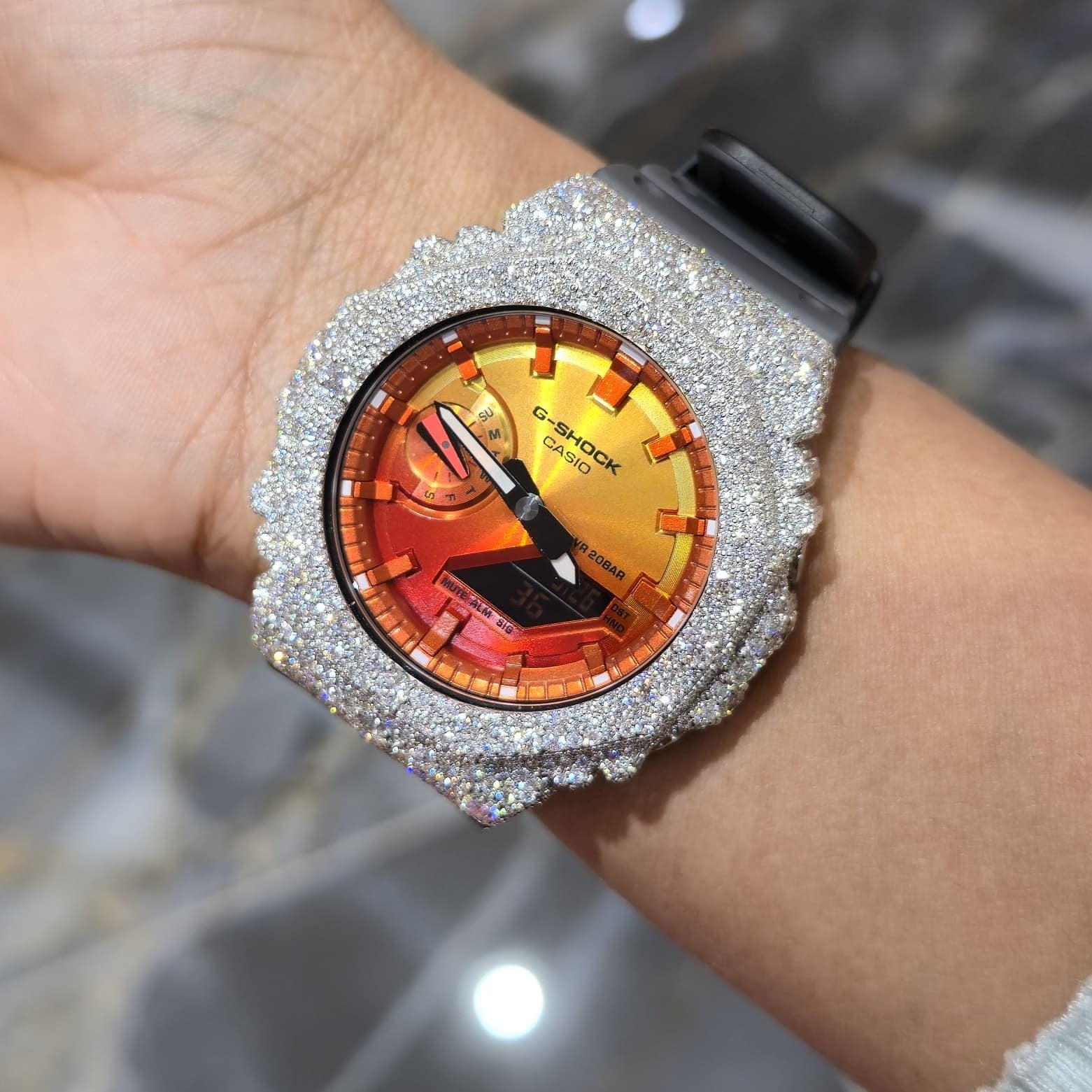 Authentic Casio G-SHOCK Custom Silver Iced Out Watch Orange Dial  | Gray Band