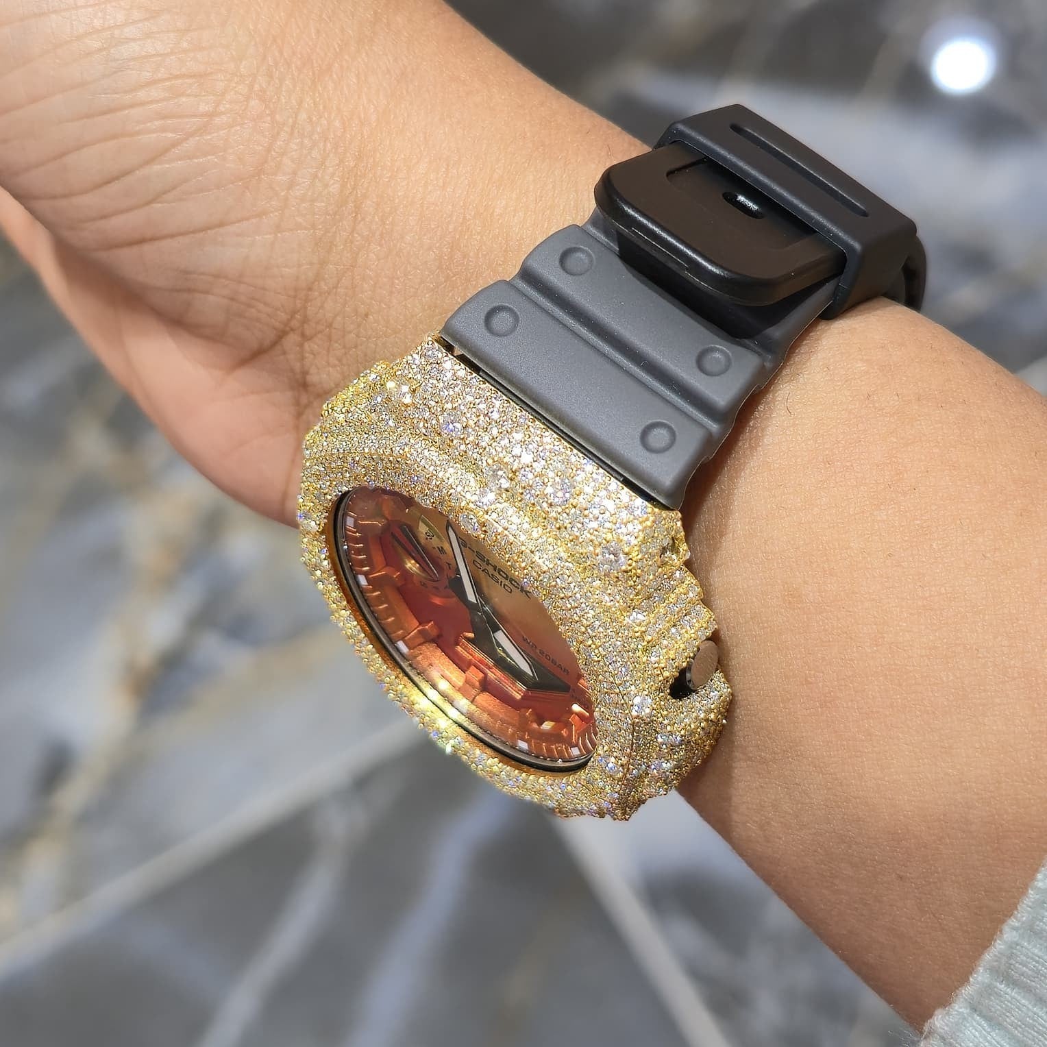 Authentic Casio G-SHOCK Custom Yellow Iced Out Watch Orange Dial  | Gray Band