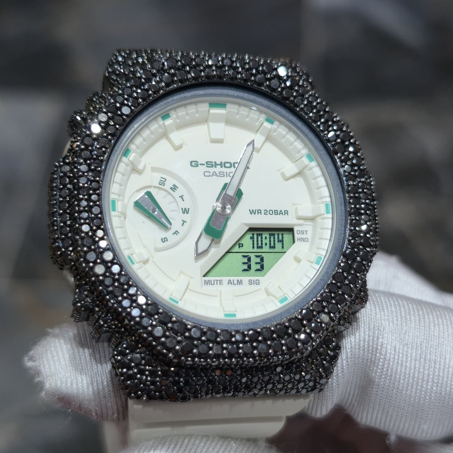 BLACK MOISSANITE Iced Out G-SHOCK GA2100 “Casioak” – Off-White Dial | Cream Band