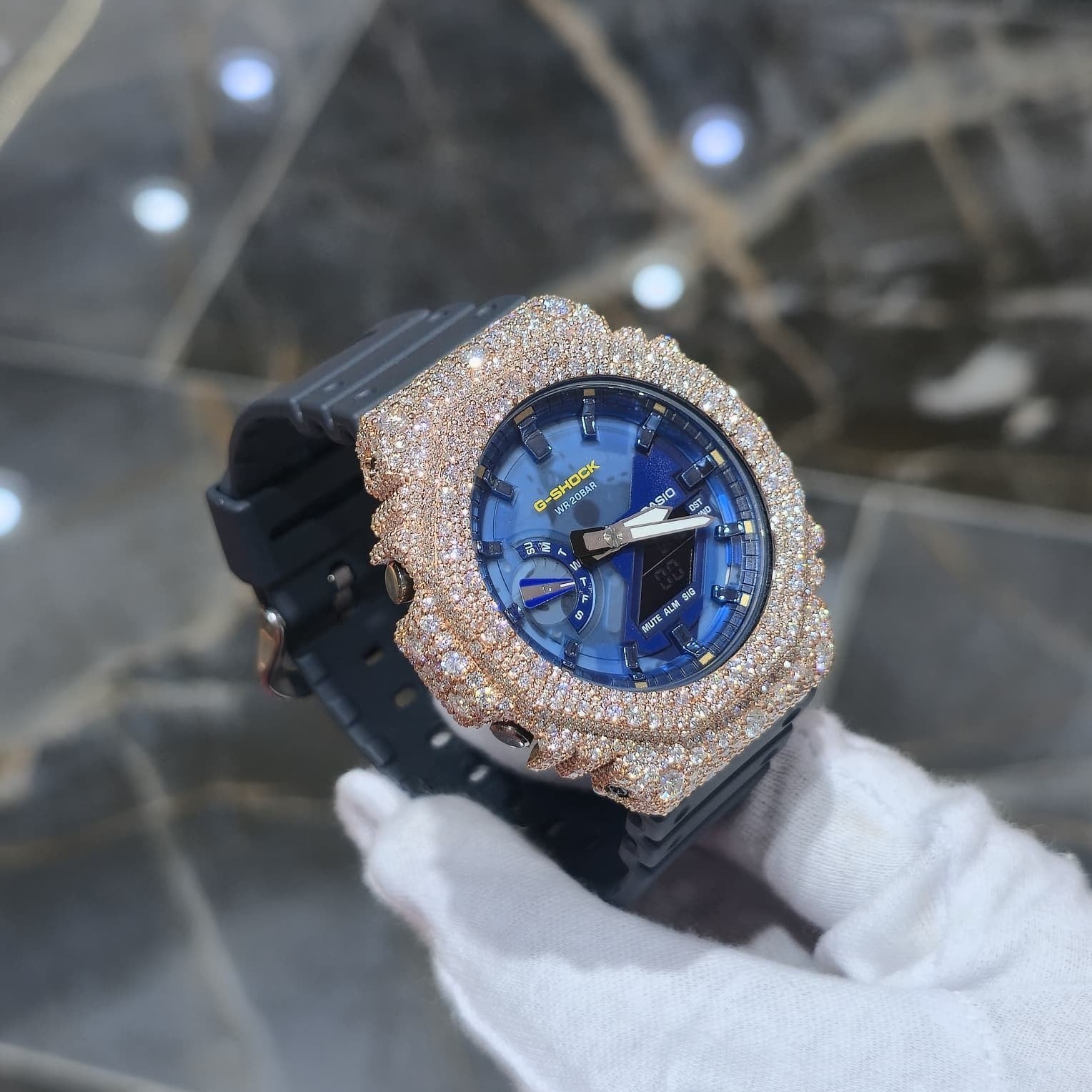 Authentic Casio G-SHOCK Custom Rose IcedOut Watch Blue Dial  | Dark Blue Band