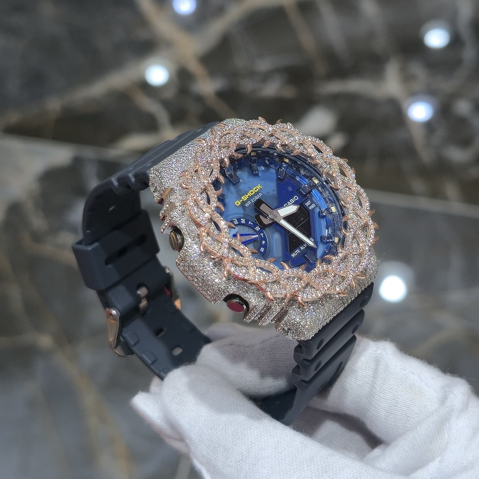 Iced Out G-Shock  Watch Authentic VVS Moissanite Barbed Wire Two Tone | BlueFace
