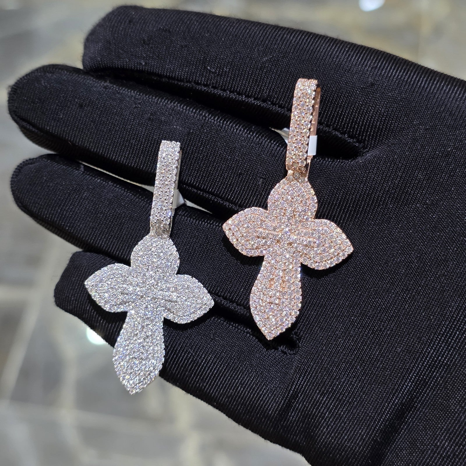 Moissanite Flower Cross Pendant .925 Silver 14k Rose Yellow White Gold Finish