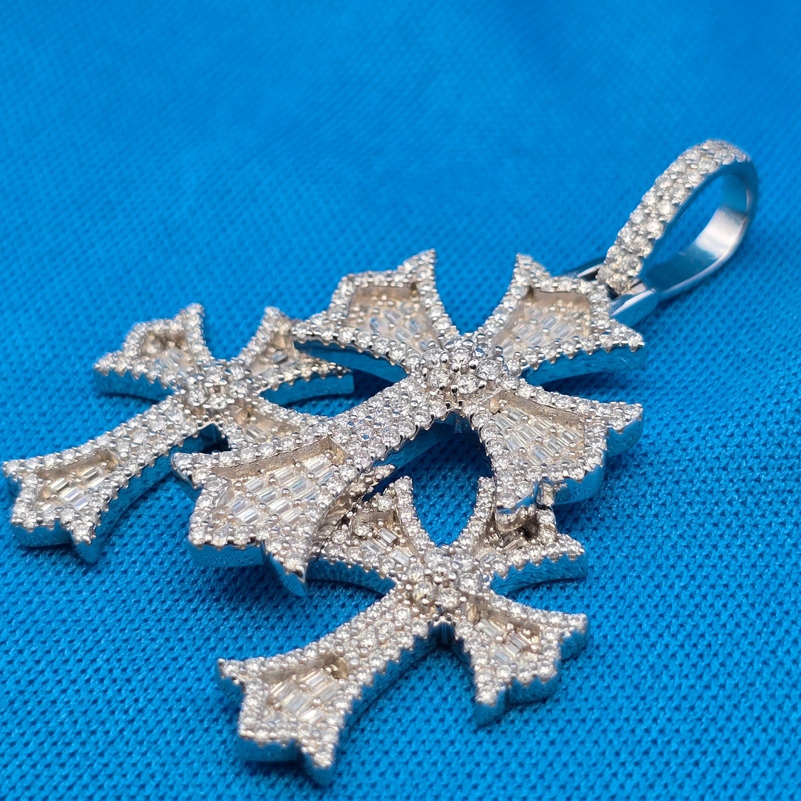 Iced Out Triple Cross Pendant 925 Sterling Silver Moissanite Baguette Hip Hop.