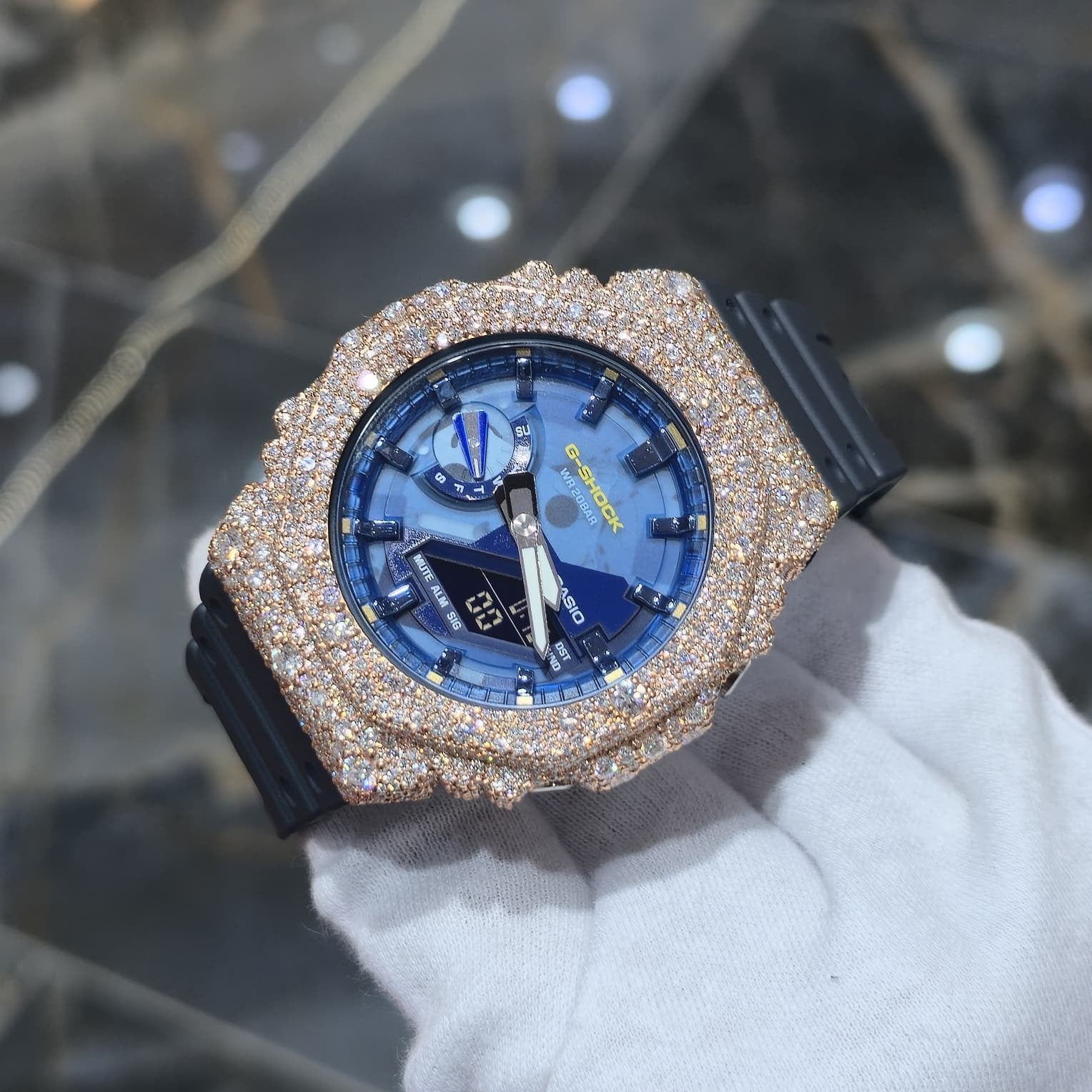 Authentic Casio G-SHOCK Custom Rose IcedOut Watch Blue Dial  | Dark Blue Band