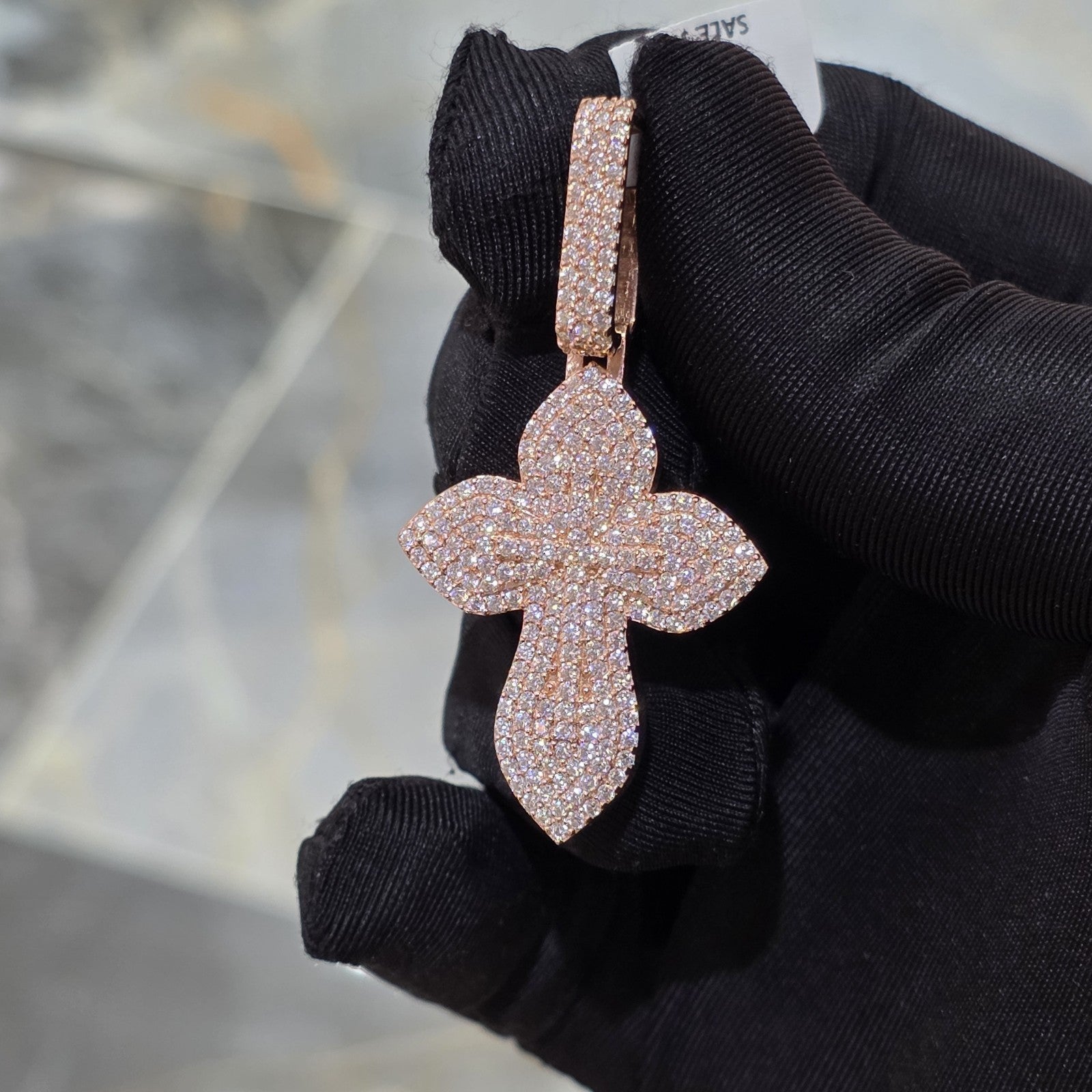 Moissanite Flower Cross Pendant .925 Silver 14k Rose Yellow White Gold Finish