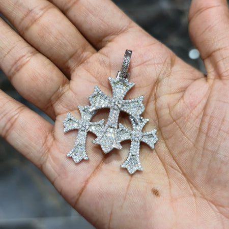 Iced Out Triple Cross Pendant 925 Sterling Silver Moissanite Baguette Hip Hop.