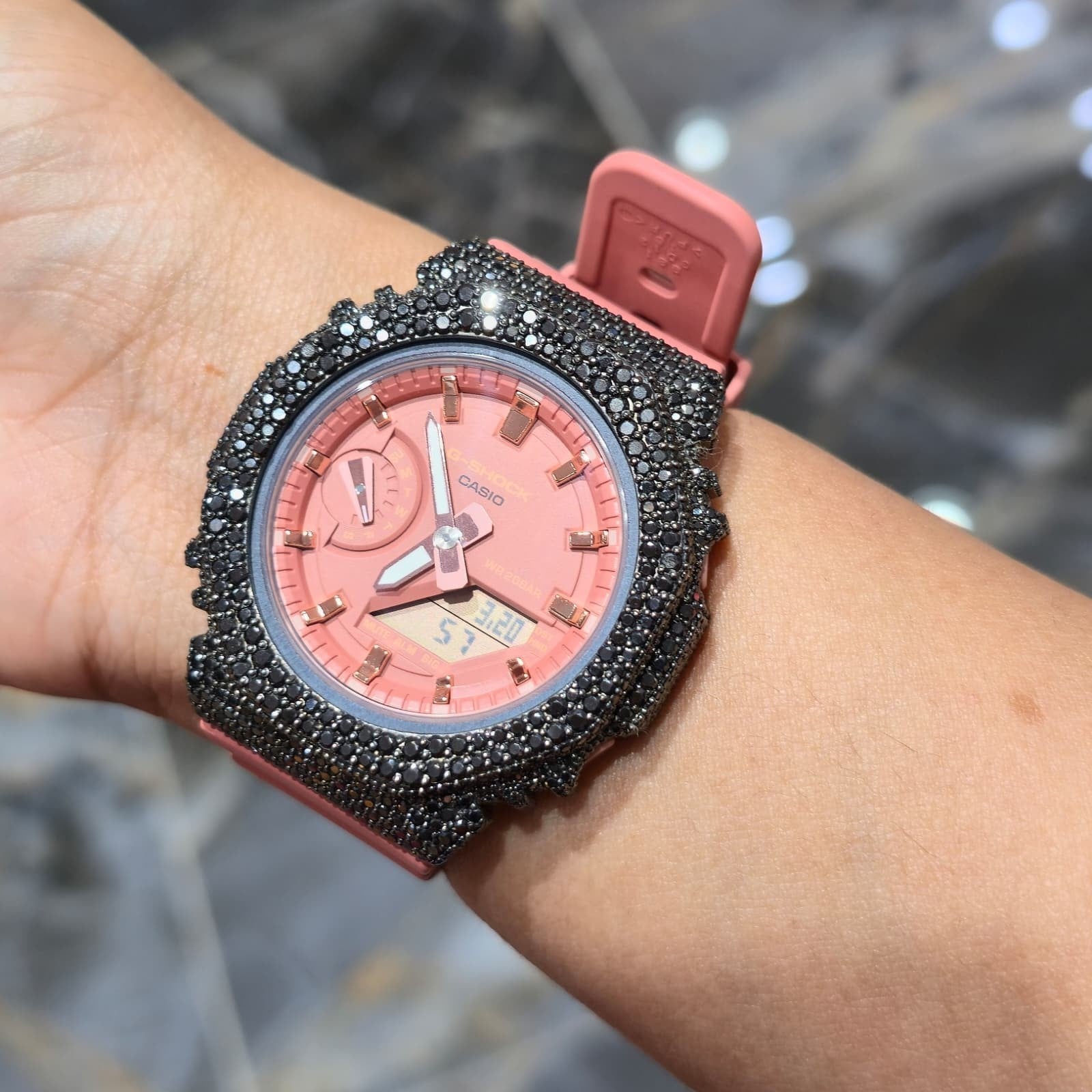 BLACK MOISSANITE Iced Out G-SHOCK GA2100 “Casioak” – PINK Dial | Pink Band