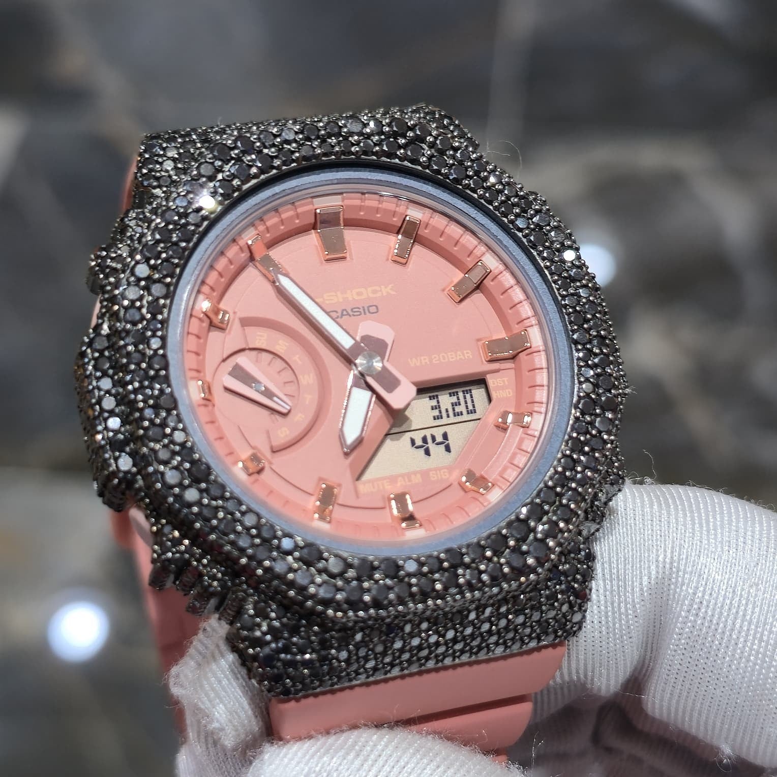 BLACK MOISSANITE Iced Out G-SHOCK GA2100 “Casioak” – PINK Dial | Pink Band