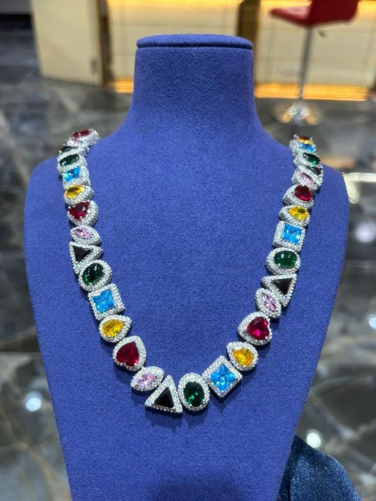 28.7Ct Round Cut VVS Moissanite Multicolor Halo Tennis  Silver 925 22"