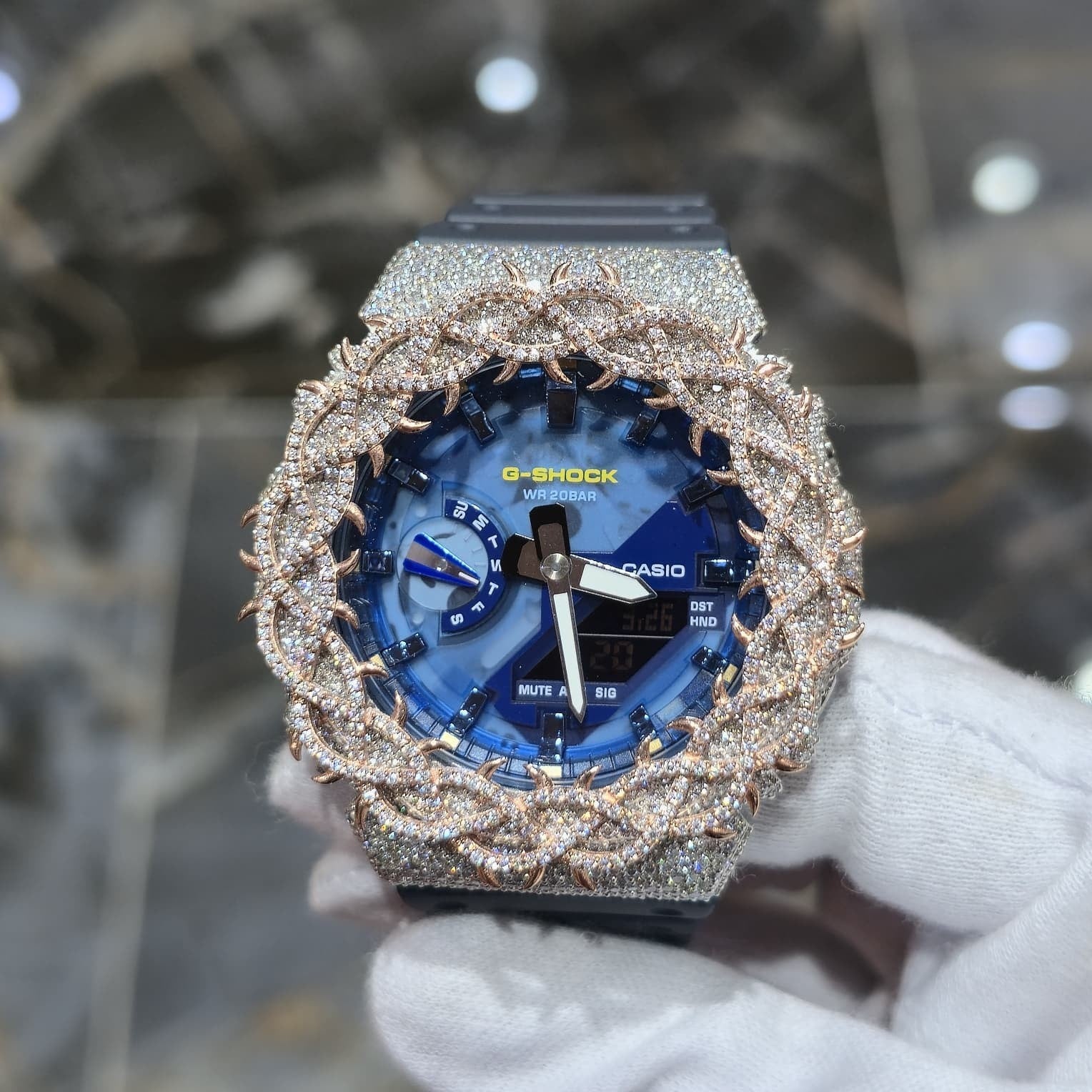 Iced Out G-Shock  Watch Authentic VVS Moissanite Barbed Wire Two Tone | BlueFace