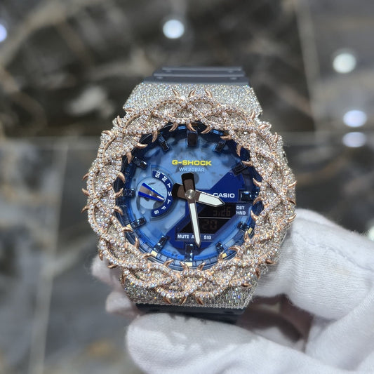 Iced Out G-Shock  Watch Authentic VVS Moissanite Barbed Wire Two Tone | BlueFace