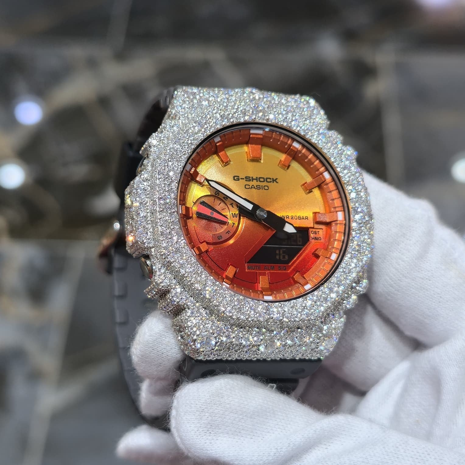 Authentic Casio G-SHOCK Custom Silver Iced Out Watch Orange Dial  | Gray Band
