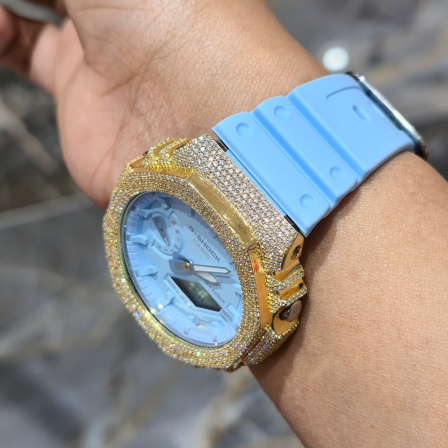 Authentic Casio G-SHOCK GA2100 Custom Iced Out Watch – Yellow Bezel | Blue Band