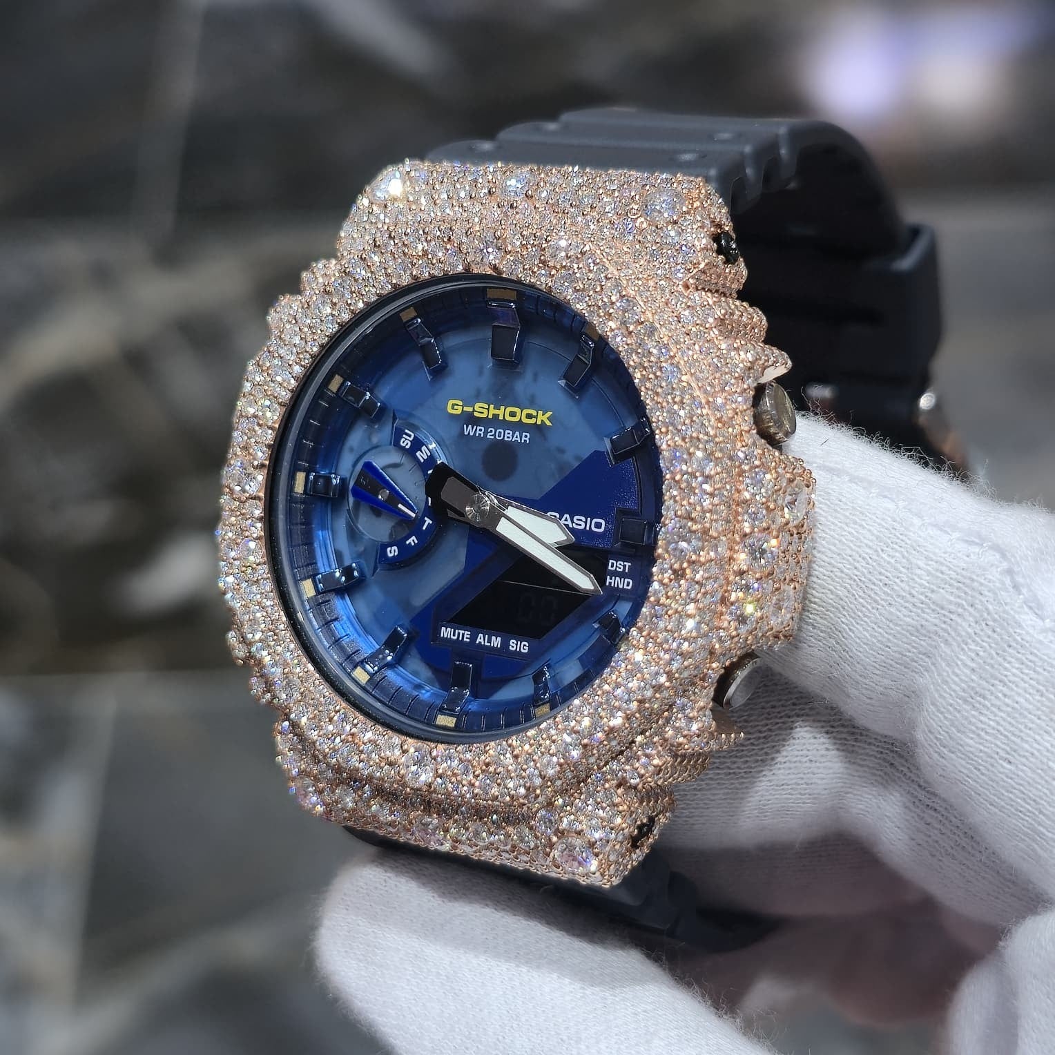 Authentic Casio G-SHOCK Custom Rose IcedOut Watch Blue Dial  | Dark Blue Band