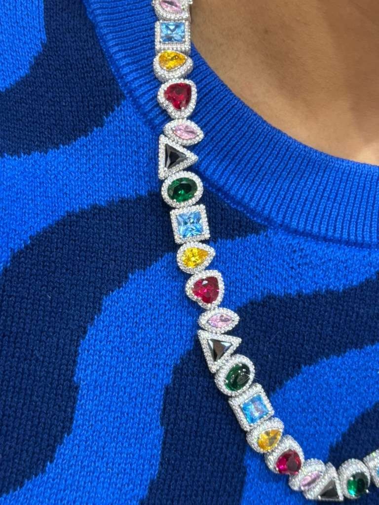 28.7Ct Round Cut VVS Moissanite Multicolor Halo Tennis  Silver 925 22"