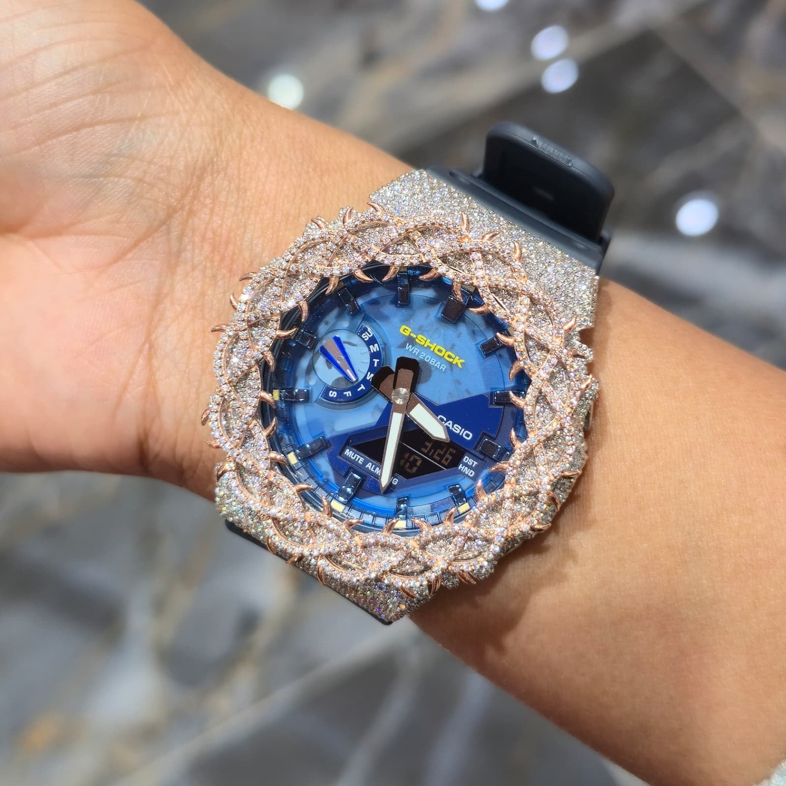 Iced Out G-Shock  Watch Authentic VVS Moissanite Barbed Wire Two Tone | BlueFace