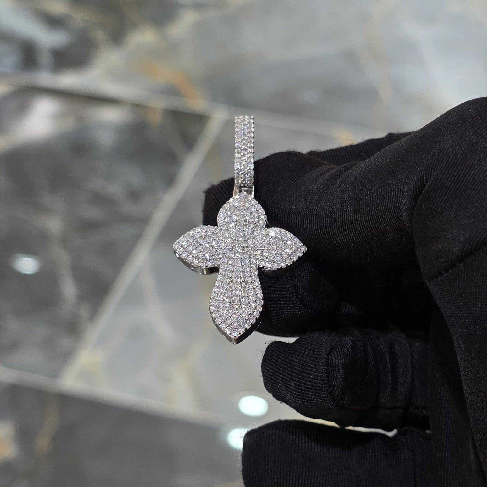 Moissanite Flower Cross Pendant .925 Silver 14k Rose Yellow White Gold Finish