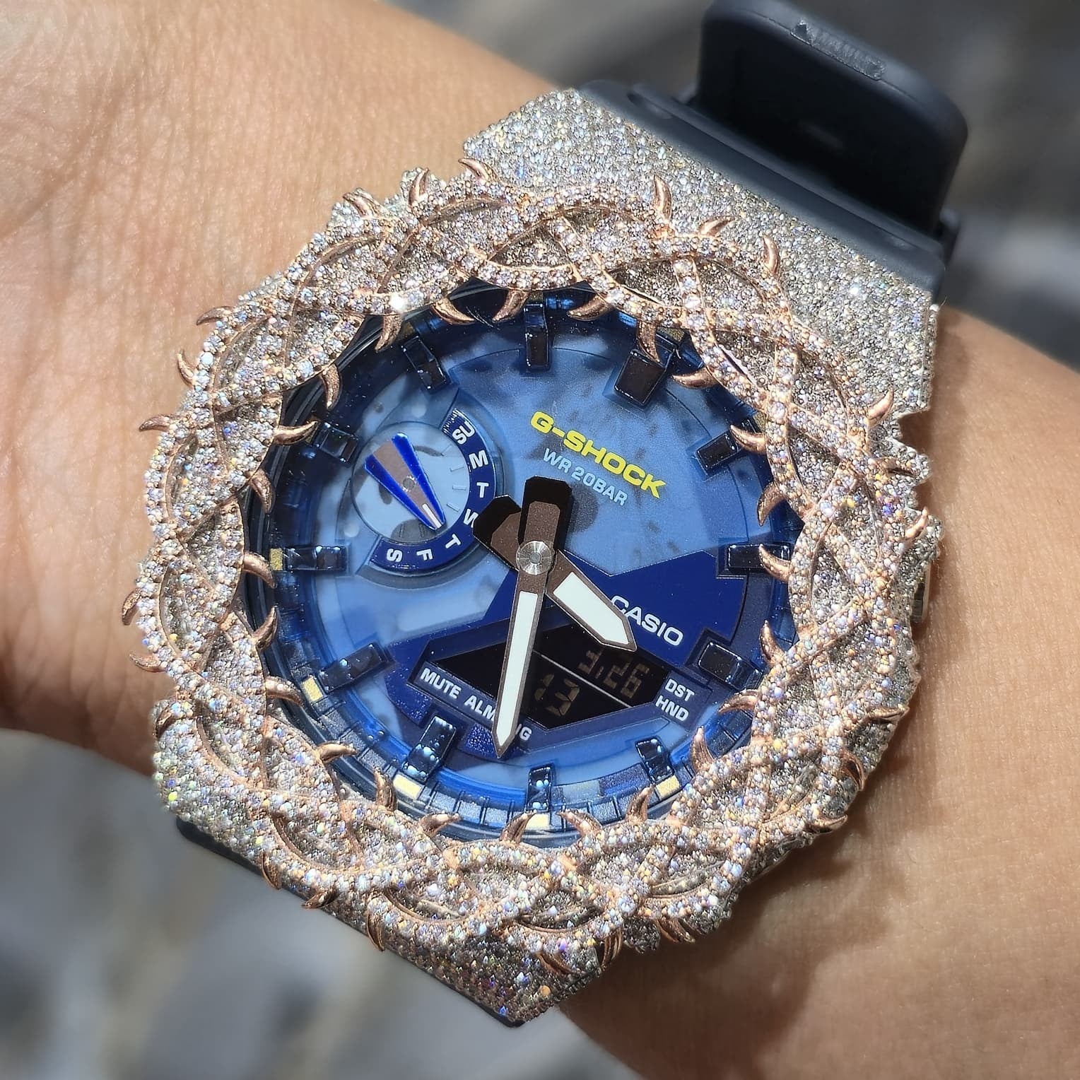 Iced Out G-Shock  Watch Authentic VVS Moissanite Barbed Wire Two Tone | BlueFace