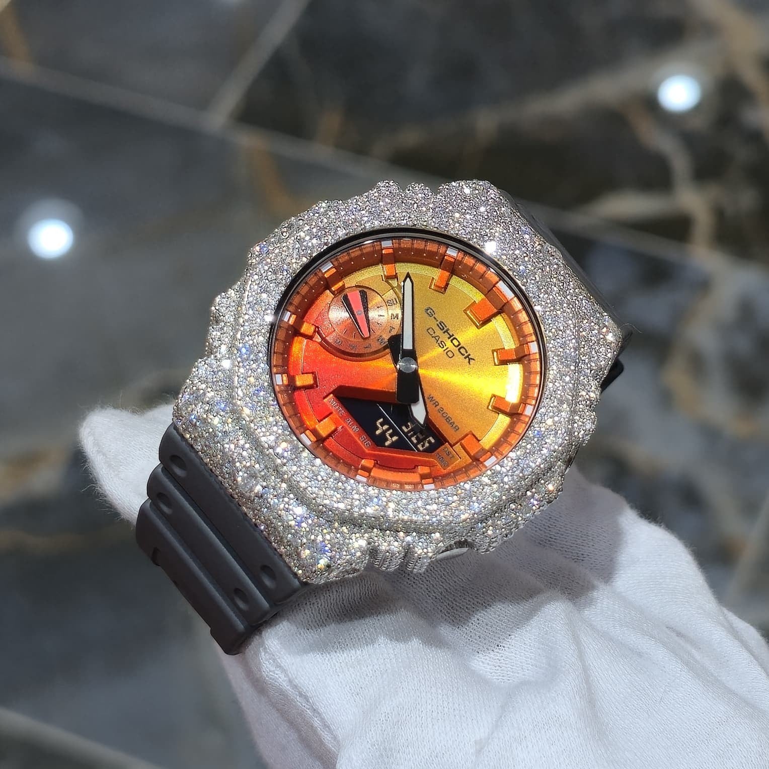 Authentic Casio G-SHOCK Custom Silver Iced Out Watch Orange Dial  | Gray Band