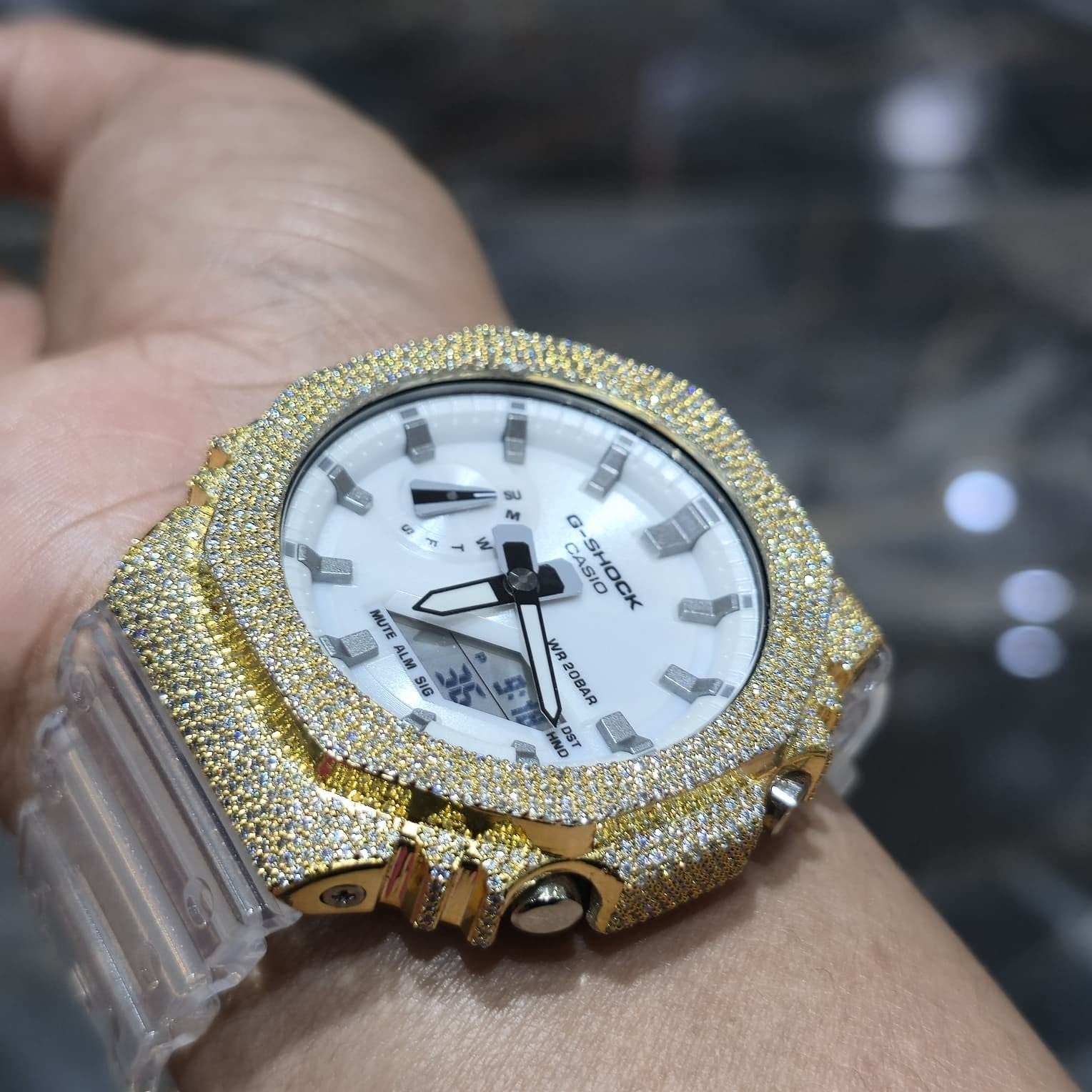 Authentic Casio G-SHOCK GA2100 Custom Iced Out – Yellow | White Dial |ClearBand