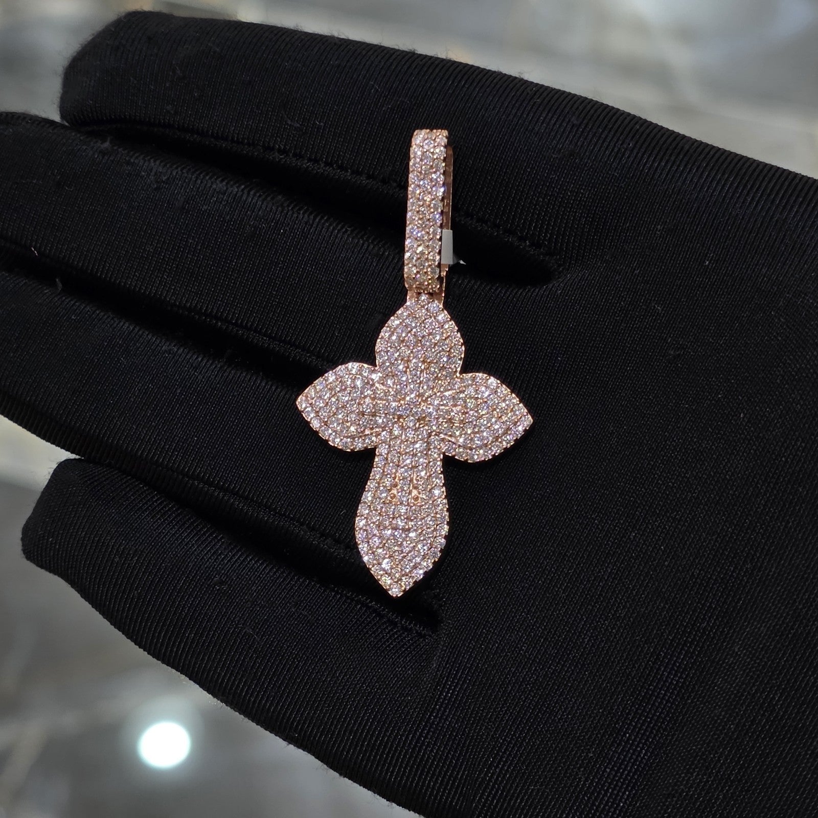 Moissanite Flower Cross Pendant .925 Silver 14k Rose Yellow White Gold Finish