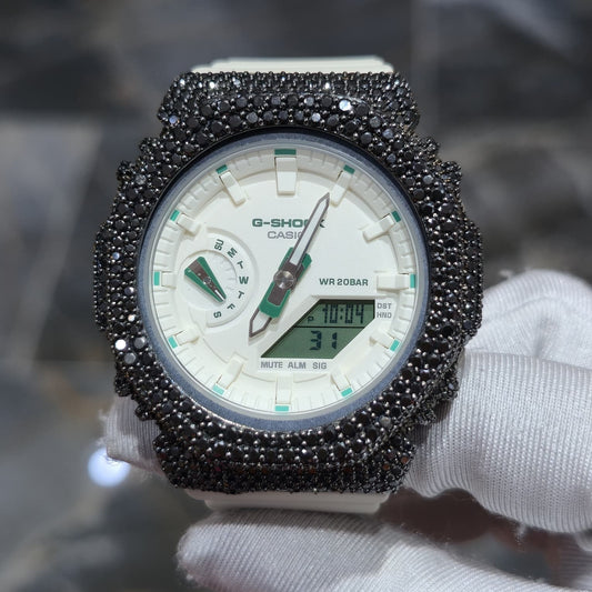 BLACK MOISSANITE Iced Out G-SHOCK GA2100 “Casioak” – Off-White Dial | Cream Band